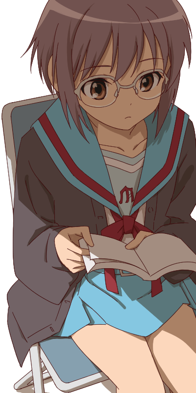 aonori misuji, nagato yuki, suzumiya haruhi no shoushitsu, suzumiya haruhi no yuuutsu, 1girl, blue sailor collar, blue skirt, book, brown cardigan, brown eyes, cardigan, chair, closed mouth, collarbone, folding chair, glasses, holding, holding book, kita high school uniform, long sleeves, on chair, open book, open cardigan, open clothes, red ribbon, ribbon, sailor collar, school uniform, serafuku, short hair, sitting, skirt, solo, thighs, winter uniform