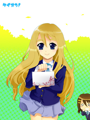 kouji hiro, hirasawa yui, kotobuki tsumugi, k-on!, bad id, bad pixiv id, 00s, 2girls, blonde hair, blue eyes, box, long hair, multiple girls, saliva, school uniform, smile