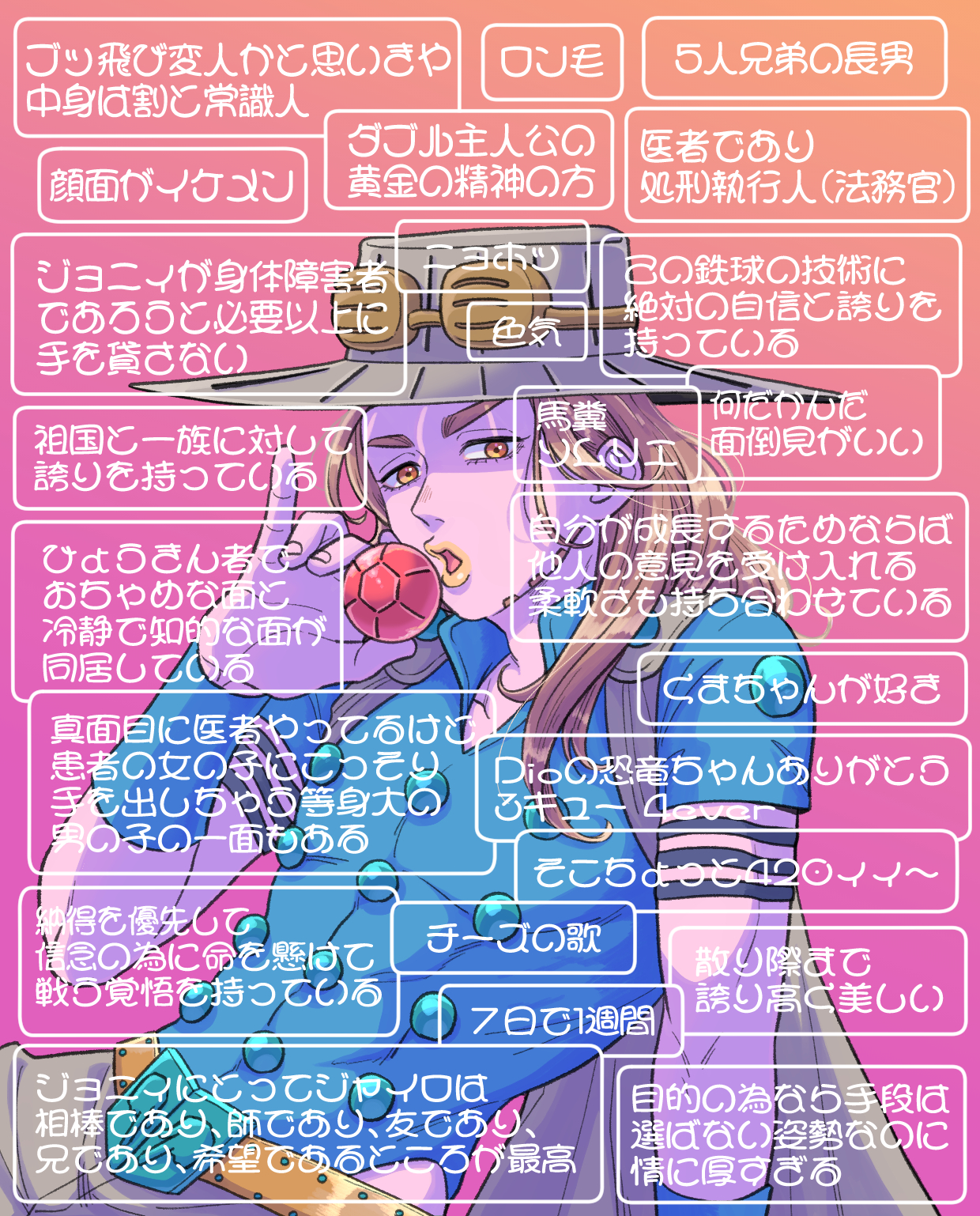 hokkyoku (uuunnoo2), gyro zeppeli, jojo no kimyou na bouken, steel ball run, commentary request, highres, translation request, 1boy, ball, belt buckle, brown hair, buckle, cowboy hat, hat, holding, holding ball, long hair, male focus, open mouth, orange eyes, orange lips, puckered lips, solo, upper body, wall of text, wristband
