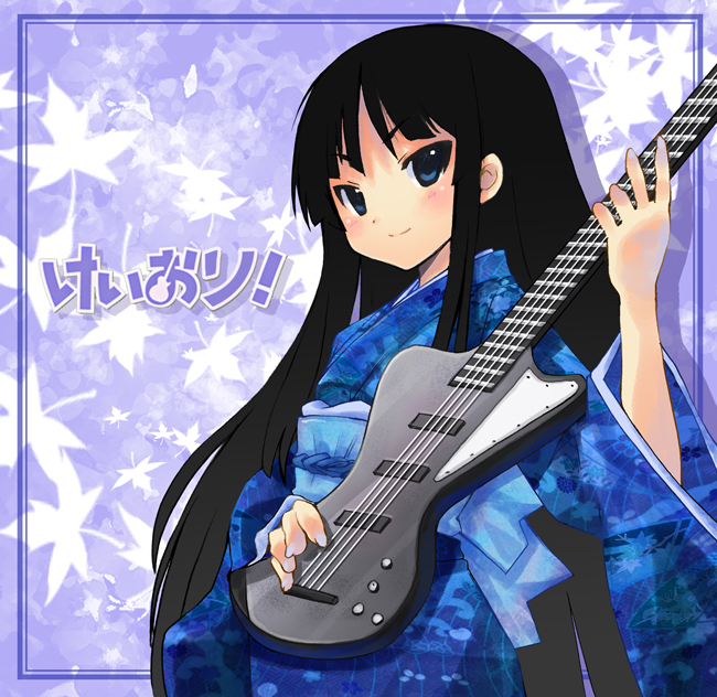 kazuki kiyoto, akiyama mio, k-on!, 00s, 1girl, bass guitar, black hair, blue eyes, blunt bangs, female focus, guitar, hime cut, instrument, japanese clothes, kimono, long hair, solo