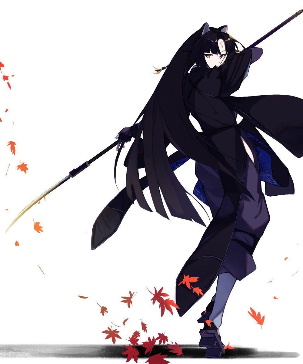 karasuri, saga (arknights), arknights, highres, 1girl, animal ears, black hair, full body, holding, holding weapon, leaf, long hair, looking at viewer, looking back, maple leaf, simple background, solo, very long hair, weapon, white background, yellow eyes