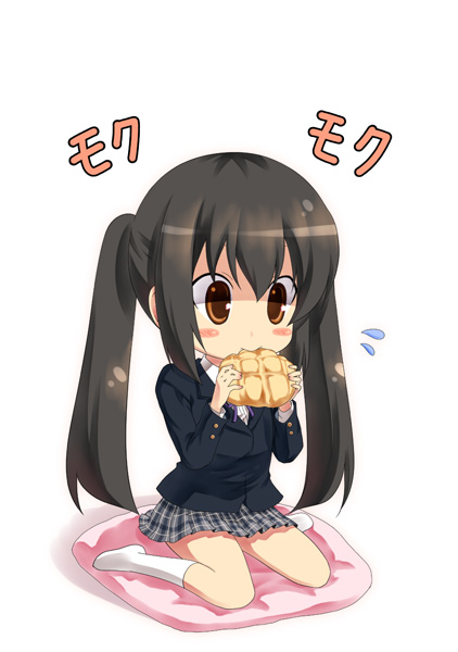 kouji (campus life), nakano azusa, k-on!, 00s, 1girl, black hair, bread, eating, female focus, food, long hair, melon bread, no shoes, pillow, plaid clothes, plaid skirt, pleated skirt, sakuragaoka high school uniform, school uniform, simple background, sitting, skirt, solo, twintails, white background