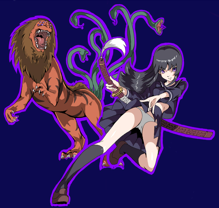 isayama yomi, ranguren, ga-rei, ga-rei zero, 00s, katana, kneehighs, panties, purple eyes, school uniform, socks, sword, underwear, weapon