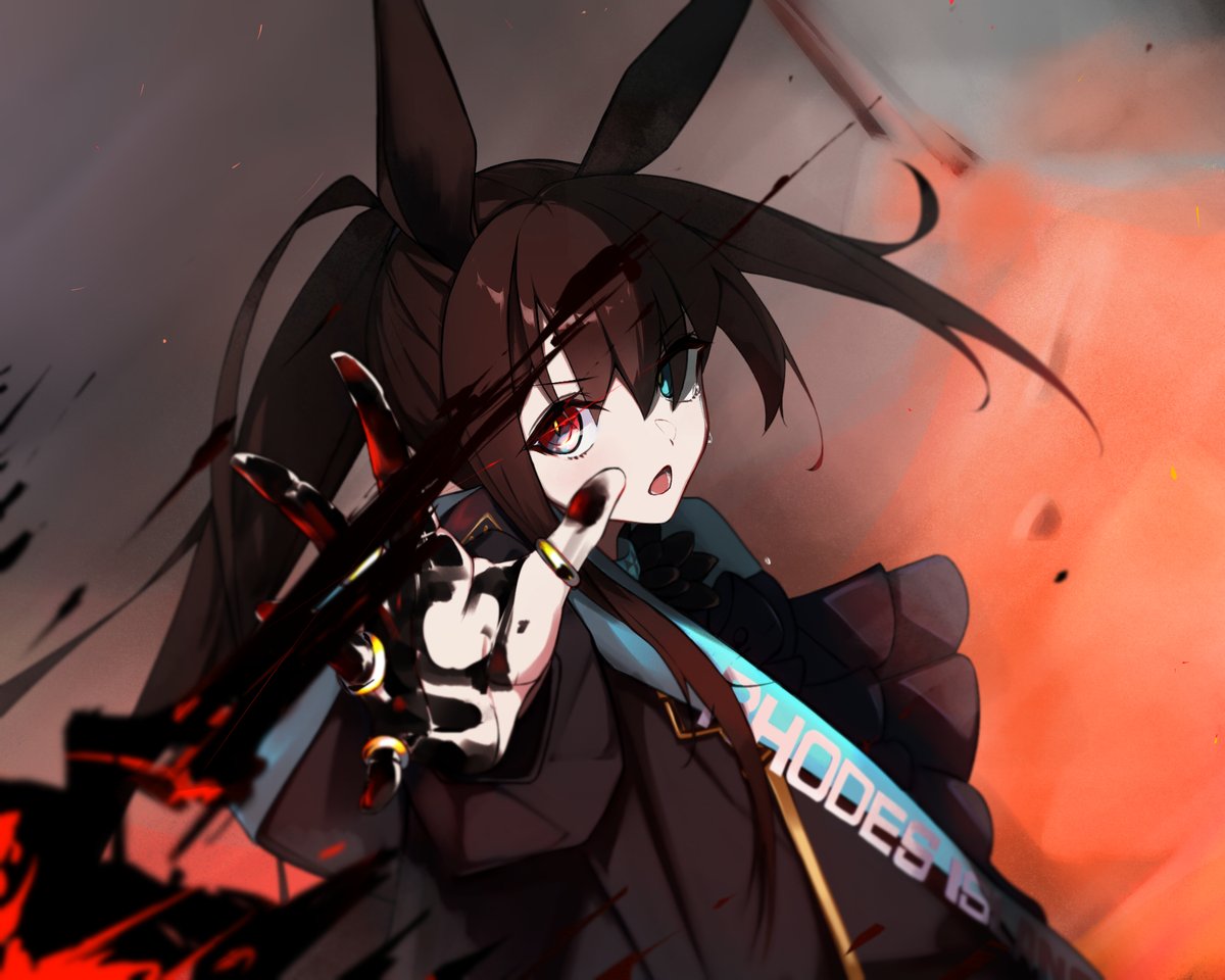 karasuri, amiya (arknights), arknights, 1girl, animal ears, brown hair, green eyes, heterochromia, long hair, looking at viewer, magic, open mouth, rabbit ears, rabbit girl, red eyes, solo, upper body