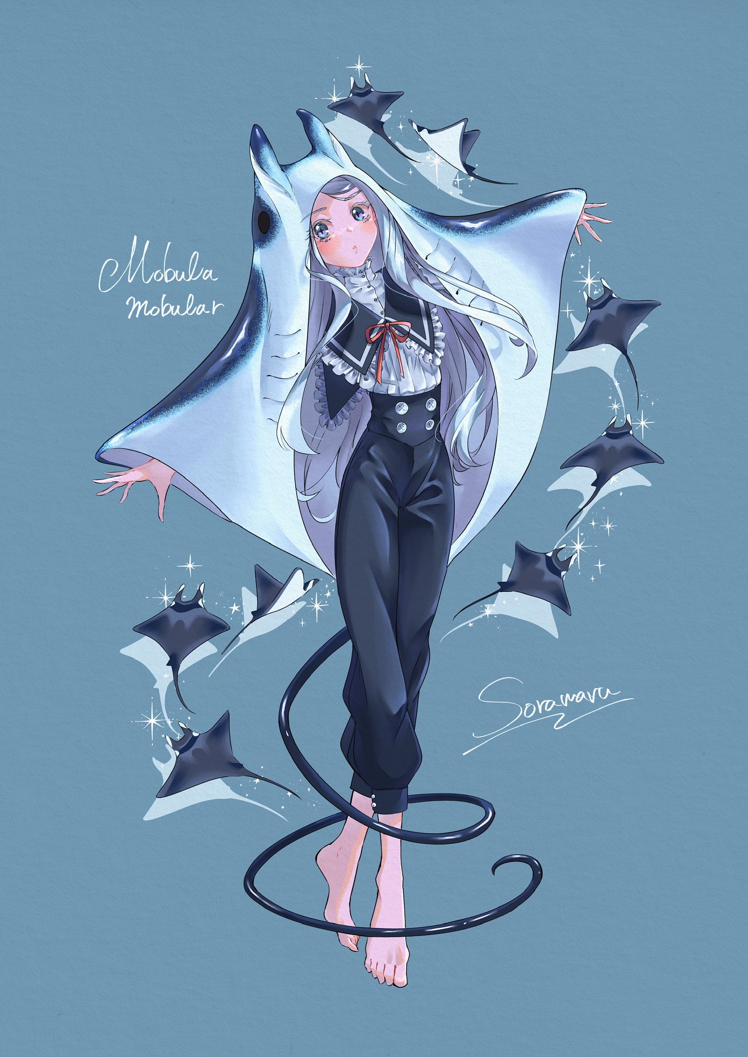 soramaru ell, original, commentary request, highres, 1girl, animal hood, barefoot, blue eyes, buttons, cloak, english text, fish, frills, grey hair, hood, hooded cloak, long hair, long sidelocks, looking at viewer, manta ray, monster girl, multiple others, open mouth, outstretched arms, pants, paper texture, red ribbon, ribbon, scientific name, shirt, sidelocks, signature, sparkle, tail, tiptoes, watermark, white shirt