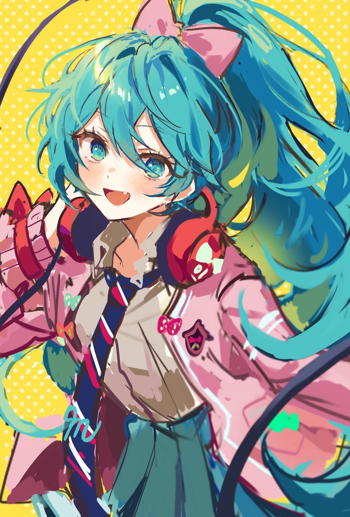 kanon 25ji, hatsune miku, hatsune miku (ribbon girl), project diva (series), vocaloid, highres, 1girl, blue eyes, blue hair, blue skirt, blush, bow, dots, fang, hair between eyes, hair bow, headphones, headphones around neck, high ponytail, jacket, looking at viewer, necktie, open clothes, open jacket, open mouth, pink jacket, pleated skirt, polka dot, polka dot background, ponytail, sketch, skirt, smile, solo, yellow background