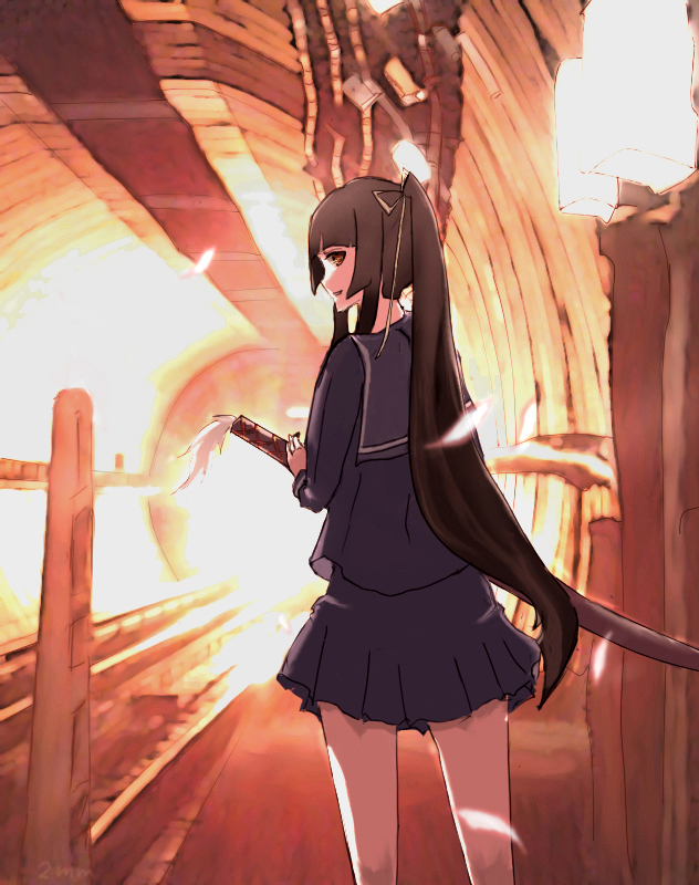 2mm, isayama yomi, ga-rei, ga-rei zero, light, 00s, black hair, hair ribbon, katana, looking back, petals, ponytail, profile, ribbon, school uniform, sheath, sheathed, signature, skirt, solo, subway, sword, tunnel, weapon