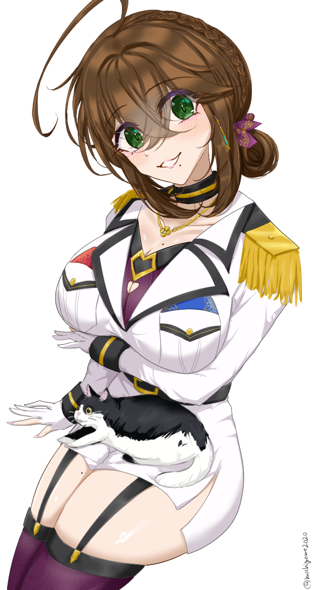 chamumi (mochiumee), female admiral (kancolle), kantai collection, 1girl, ahoge, arm support, arm under breasts, black fur, breast pocket, breasts, brown hair, cat, epaulettes, folded ponytail, garter belt, gloves, green eyes, jacket, large breasts, looking at viewer, military jacket, miniskirt, mole, mole on breast, mole on thigh, mole under mouth, pencil skirt, pocket, simple background, skirt, smile, solo, thighhighs, white background, white fur, white gloves, white jacket
