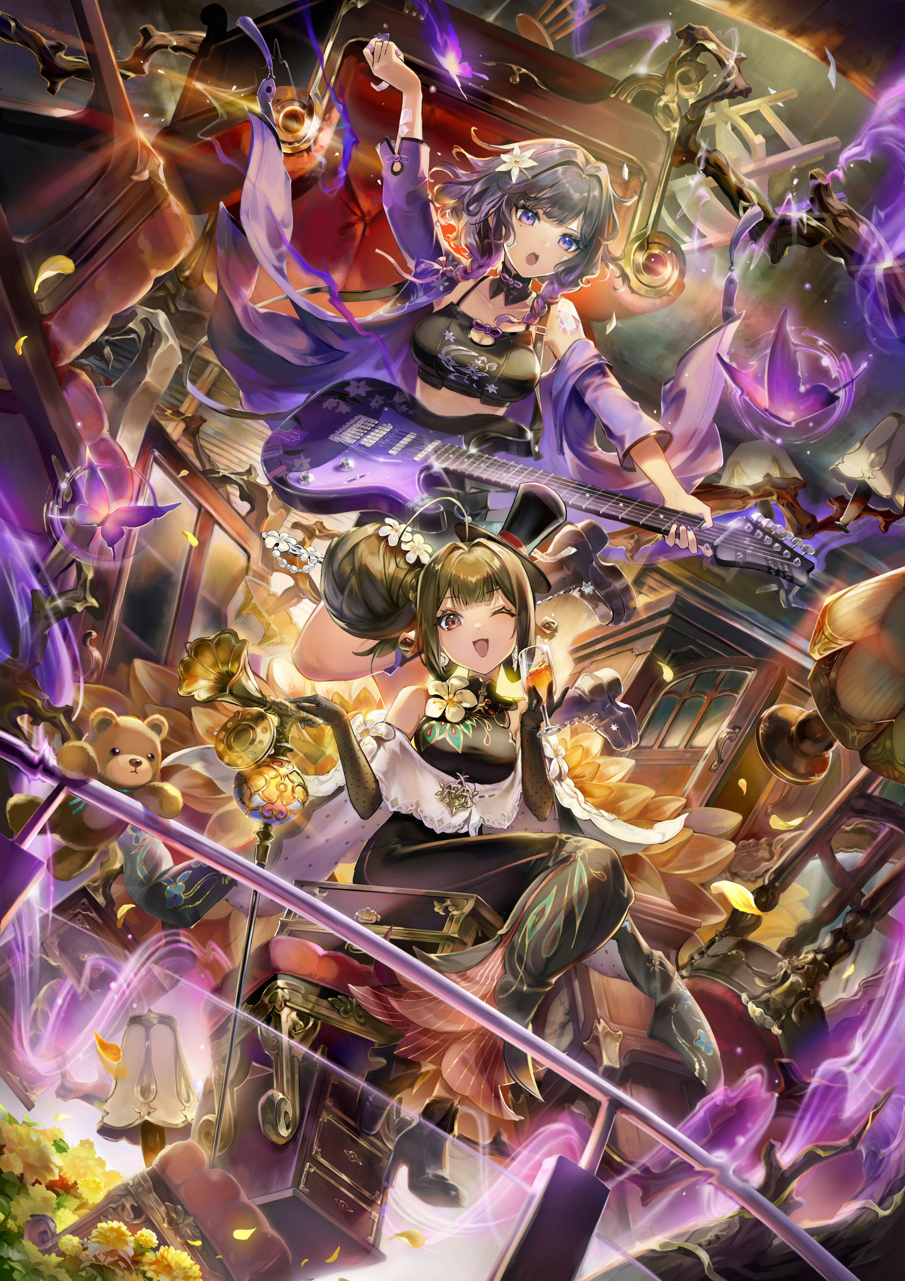 xinyue tongxing, absurdres, highres, 2girls, :o, ;d, ahoge, ankle boots, arm up, bare tree, black boots, black collar, black dress, black gloves, black hair, black hat, black shirt, black shorts, block heels, boots, braid, breasts, brown hair, bug, bun with braided base, butterfly, cane, center-flap bangs, chair, cleavage, cleavage cutout, clothing cutout, collar, collarbone, couch, crop top, cup, cupping glass, dahlia, door, drawer, dress, drink, drinking glass, earrings, elbow gloves, emuyemu, eyeshadow, falling petals, feather print, floating, floating object, floral print, flower, fold-over boots, full body, gauze, gauze on arm, gauze on cheek, gauze on shoulder, gloves, glowing butterfly, gradient hair, guitar, guitar strap, hair bun, hair intakes, hair ornament, hair stick, hairclip, hat, high heel boots, high heels, hobble dress, holding, holding cane, holding cup, holding guitar, holding instrument, holding plectrum, huge hair bun, insect, instrument, jacket, jewelry, jumping, lace-up boots, lamp, light particles, liqing (xinyue tongxing), long dress, makeup, mandarin collar, medium breasts, medium hair, mini hat, mini top hat, mole, mole under eye, multicolored hair, multiple girls, music, neck flower, one eye closed, open clothes, open jacket, open mouth, petals, phonograph, platform boots, playing guitar, playing instrument, plectrum, polka dot gloves, print shirt, purple butterfly, purple eyes, purple eyeshadow, purple hair, purple jacket, railing, red eyes, shawl, shirt, shorts, sidelocks tied back, single bare shoulder, single off shoulder, single side bun, sitting, sleeveless, sleeveless dress, sleeveless shirt, smile, spaghetti strap, stained glass, stool, stuffed animal, stuffed toy, teddy bear, three-quarter sleeves, tilted headwear, top hat, treasure chest, tree, twin braids, white flower, white shawl, wine glass, yelai (xinyue tongxing), yellow flower