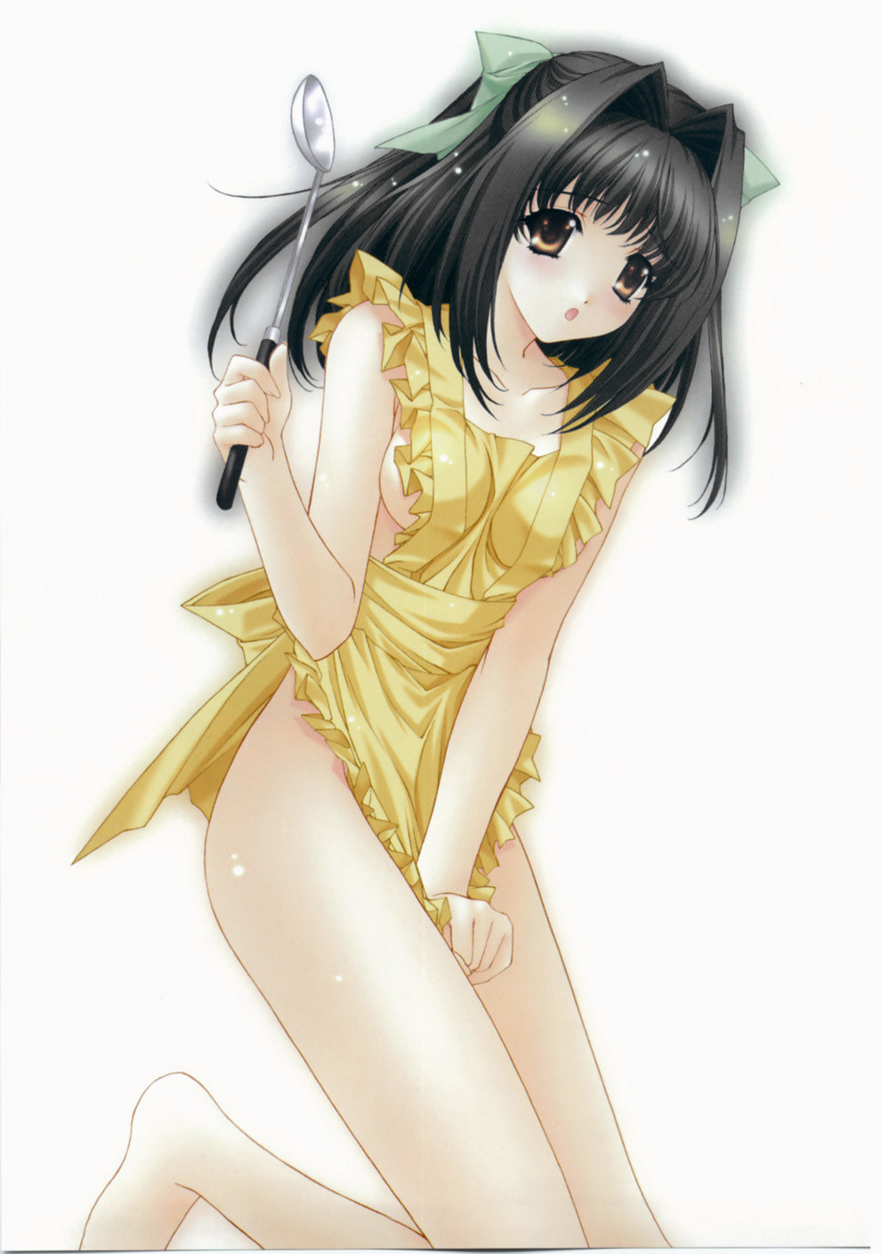 kimizuka aoi, highres, 1girl, apron, barefoot, black hair, blush, brown eyes, female focus, hair ribbon, ladle, long hair, megacube, moe (phrase), naked apron, ribbon, solo