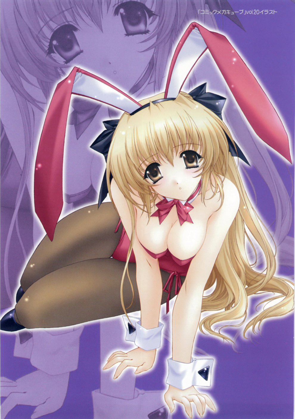 kimizuka aoi, highres, 1girl, animal ears, blonde hair, breasts, brown eyes, cleavage, fake animal ears, female focus, hair ribbon, large breasts, long hair, megacube, moe (phrase), pantyhose, playboy bunny, rabbit ears, ribbon, sitting, solo
