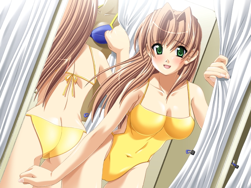 takapiko, sasakawa ai, clockup, presence, game cg, non-web source, 1girl, ass, blush, brown hair, butt crack, curtains, dressing room, female focus, green eyes, long hair, mirror, one-piece swimsuit, reflection, solo, swimsuit