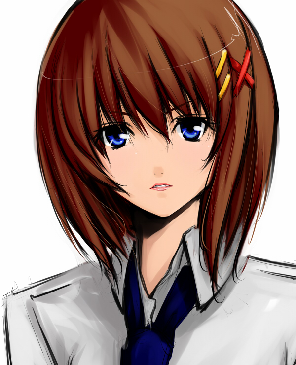 xunipo, yagami hayate, lyrical nanoha, mahou shoujo lyrical nanoha, mahou shoujo lyrical nanoha a's, mahou shoujo lyrical nanoha strikers, 00s, 1girl, blue eyes, brown hair, collared shirt, female focus, hair ornament, looking at viewer, necktie, open mouth, pink lips, shirt, short hair, solo, teeth, white background, x hair ornament
