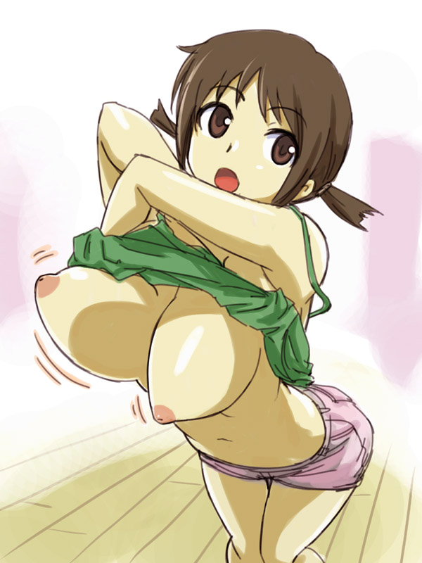 michael f91, hinako (issho ni training), issho ni training, 00s, 10s, 1girl, breasts, brown hair, camisole, female focus, large breasts, motion lines, nipples, no bra, open mouth, short hair, shorts, solo, twintails, undressing