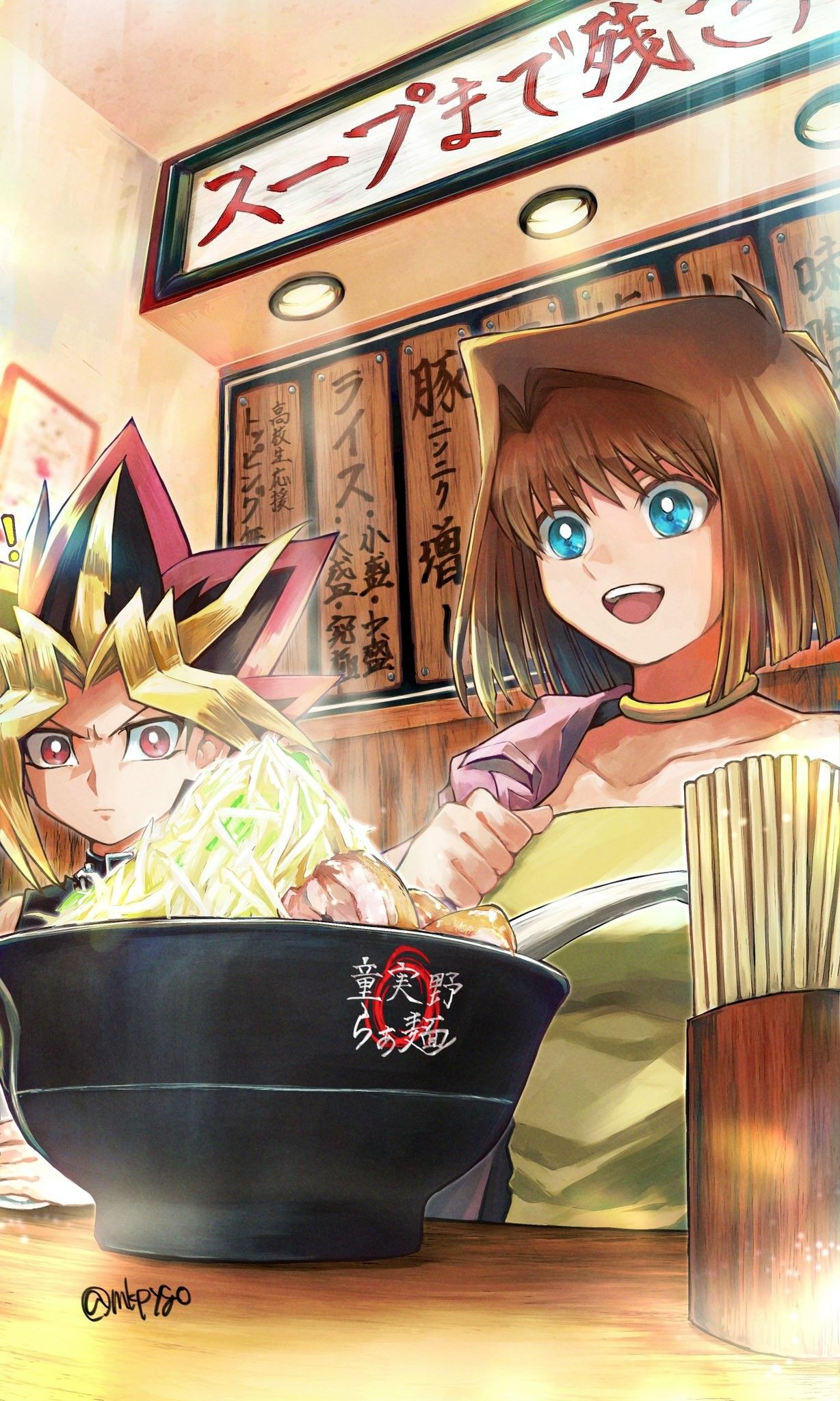 mazaki anzu, yami yugi, yu-gi-oh!, yu-gi-oh! duel monsters, artist request, highres, third-party source, translation request, !, 1boy, 1girl, bare shoulders, black hair, blonde hair, blue eyes, bowl, brown hair, chain, choker, chopsticks, dress, food, holding, holding food, indoors, jewelry, menu board, multicolored hair, necklace, noodles, open mouth, pink eyes, ramen, red hair, short hair, signature, sleeveless, sleeveless dress, smile, spiked hair, teeth, yellow choker, yellow dress