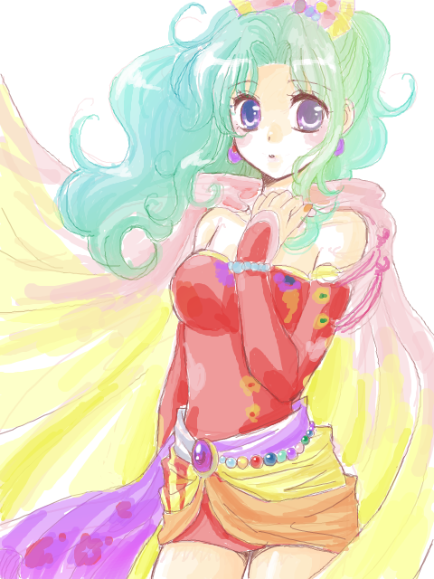 sakumi (uruneko), tina branford, final fantasy, final fantasy vi, 1990s (style), 1girl, alternate color, bare shoulders, blush, bracelet, cape, detached sleeves, dress, earrings, female focus, green hair, jewelry, ponytail, red dress, red skirt, retro artstyle, skirt, solo, tegaki