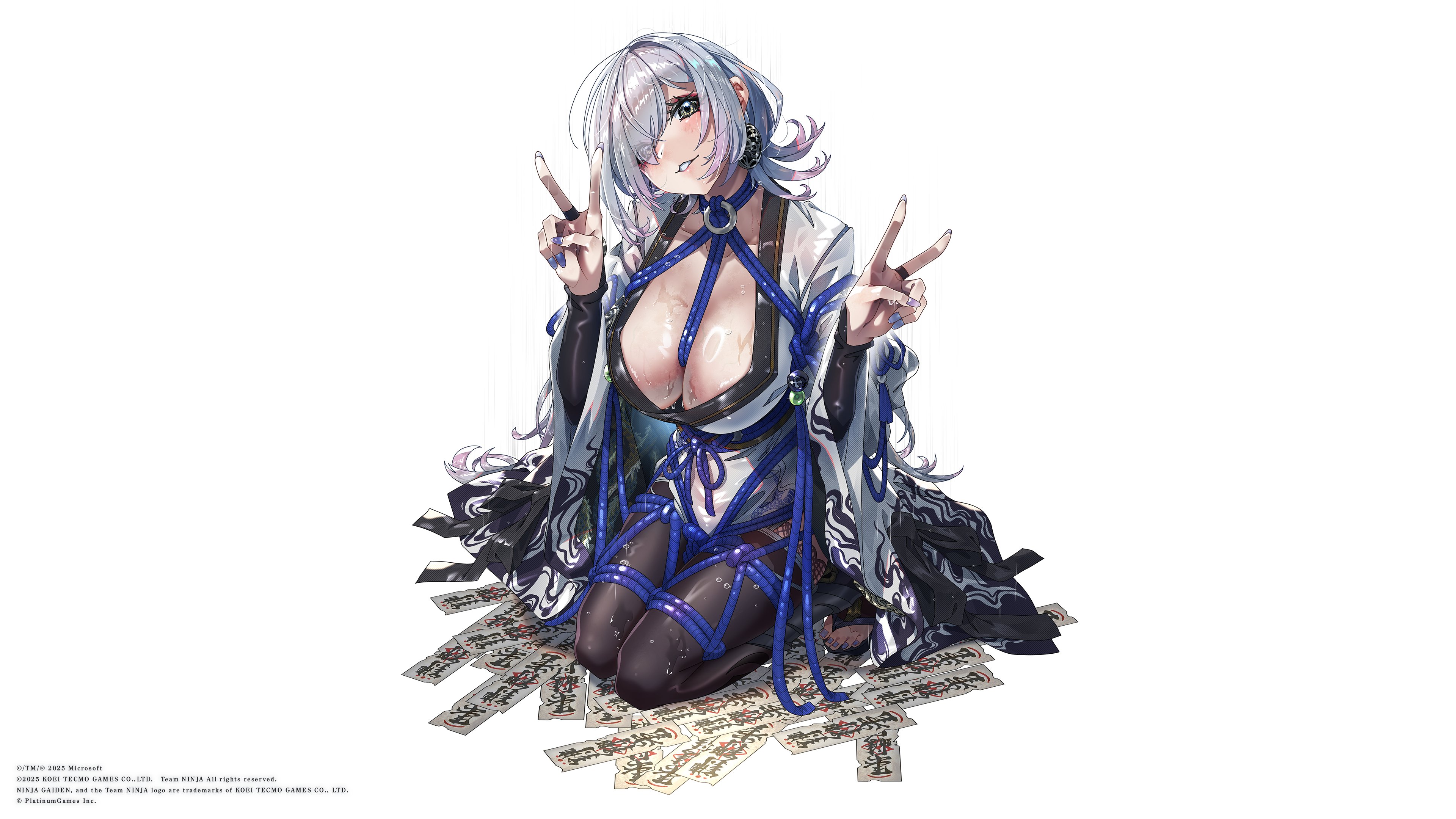 seori (ninja gaiden), ninja gaiden, ninja gaiden 4, absurdres, artist request, highres, official art, 1girl, between breasts, black thighhighs, breasts, cleavage, double v, earrings, grey nails, hair over one eye, japanese clothes, jewelry, kimono, kneeling, large breasts, lips, looking at viewer, makeup, miko, nail polish, nontraditional miko, one eye covered, open clothes, open kimono, parted lips, rope, shibari, short hair, smile, solo, sweat, teeth, thighhighs, v, white hair, white kimono