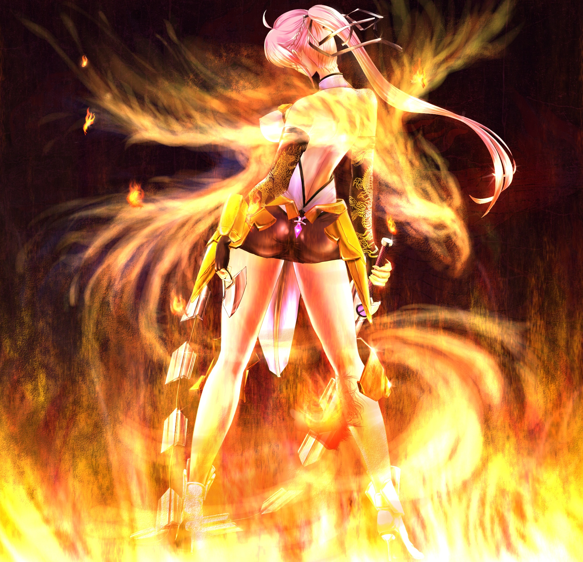 hyotenka ichido, laevatein (nanoha), signum, lyrical nanoha, mahou shoujo lyrical nanoha, mahou shoujo lyrical nanoha a's, mahou shoujo lyrical nanoha strikers, bad id, bad pixiv id, highres, 00s, 1girl, alternate costume, female focus, hair ribbon, legs, long legs, pink hair, ribbon, solo, sword, unison (nanoha), weapon, whip sword