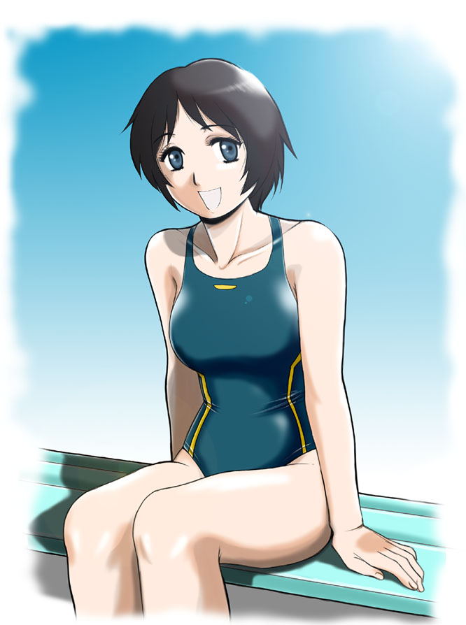 sabachiyo land, tsuchimiya kagura, ga-rei, ga-rei zero, 00s, blue eyes, one-piece swimsuit, short hair, solo, swimsuit