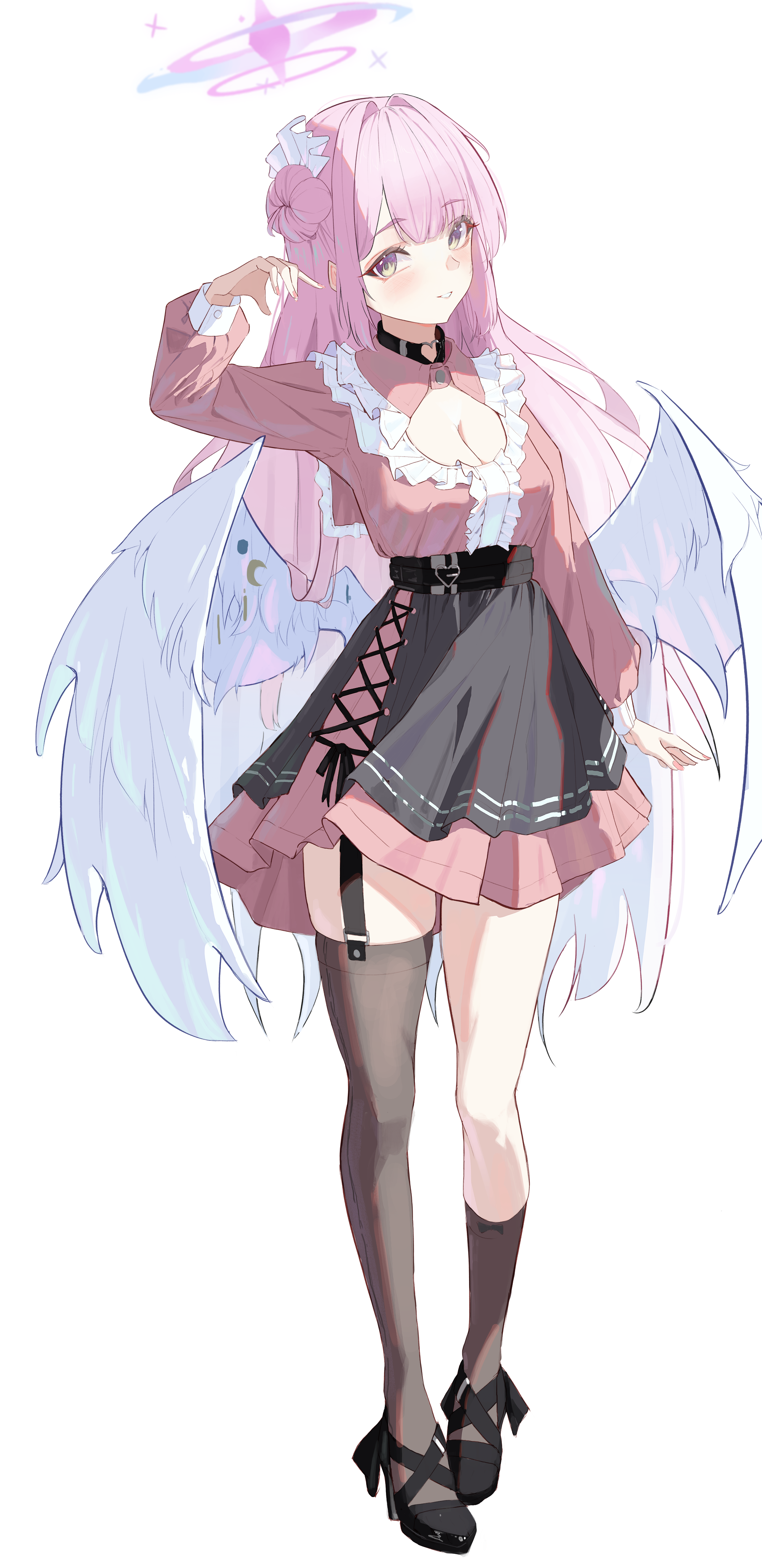 banpen, mika (blue archive), blue archive, absurdres, commentary, highres, 1girl, angel wings, asymmetrical legwear, black choker, black garter straps, black shoes, blush, breasts, brown socks, brown thighhighs, center frills, choker, cleavage, crescent, dress, feathered wings, fingernails, frills, full body, garter straps, hair bun, hair intakes, hair ribbon, halo, heart, heart choker, heart o-ring, high heels, jirai kei, large breasts, long hair, long sleeves, looking at viewer, low wings, mismatched legwear, nail polish, o-ring, o-ring choker, pink dress, pink hair, pink halo, pink nails, ribbon, shoes, simple background, single garter strap, single side bun, single sock, single thighhigh, smile, socks, solo, thighhighs, thighs, underbust, white background, white ribbon, white wings, wings, yellow eyes