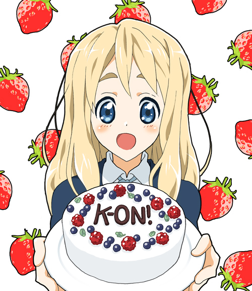 komomo, kotobuki tsumugi, k-on!, bad id, bad pixiv id, 00s, 1girl, berry, blonde hair, blue eyes, blueberry, cake, female focus, food, fruit, long hair, pastry, raspberry, school uniform, solo, strawberry
