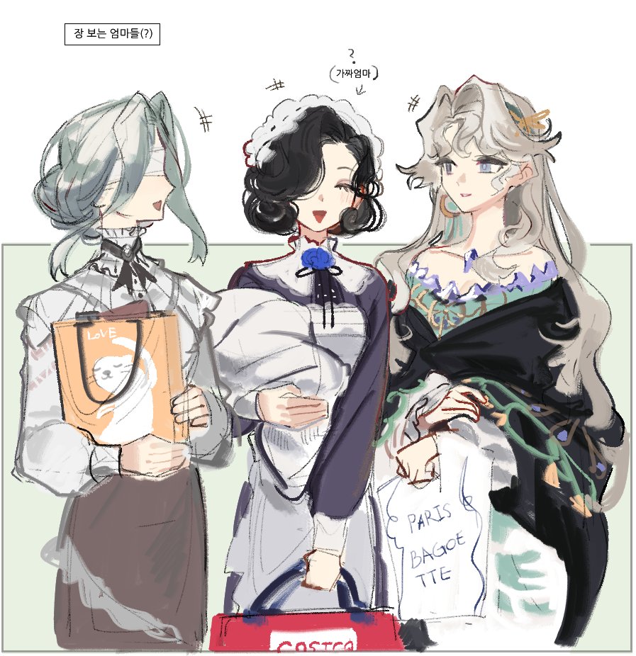 ing (ing205509), tuesday (reverse:1999), urd (reverse:1999), reverse:1999, 3girls, baby, bag, black hair, blindfold, blonde hair, dress, flower, maid, maid headdress, multiple girls, purple dress, swaddled, white hair