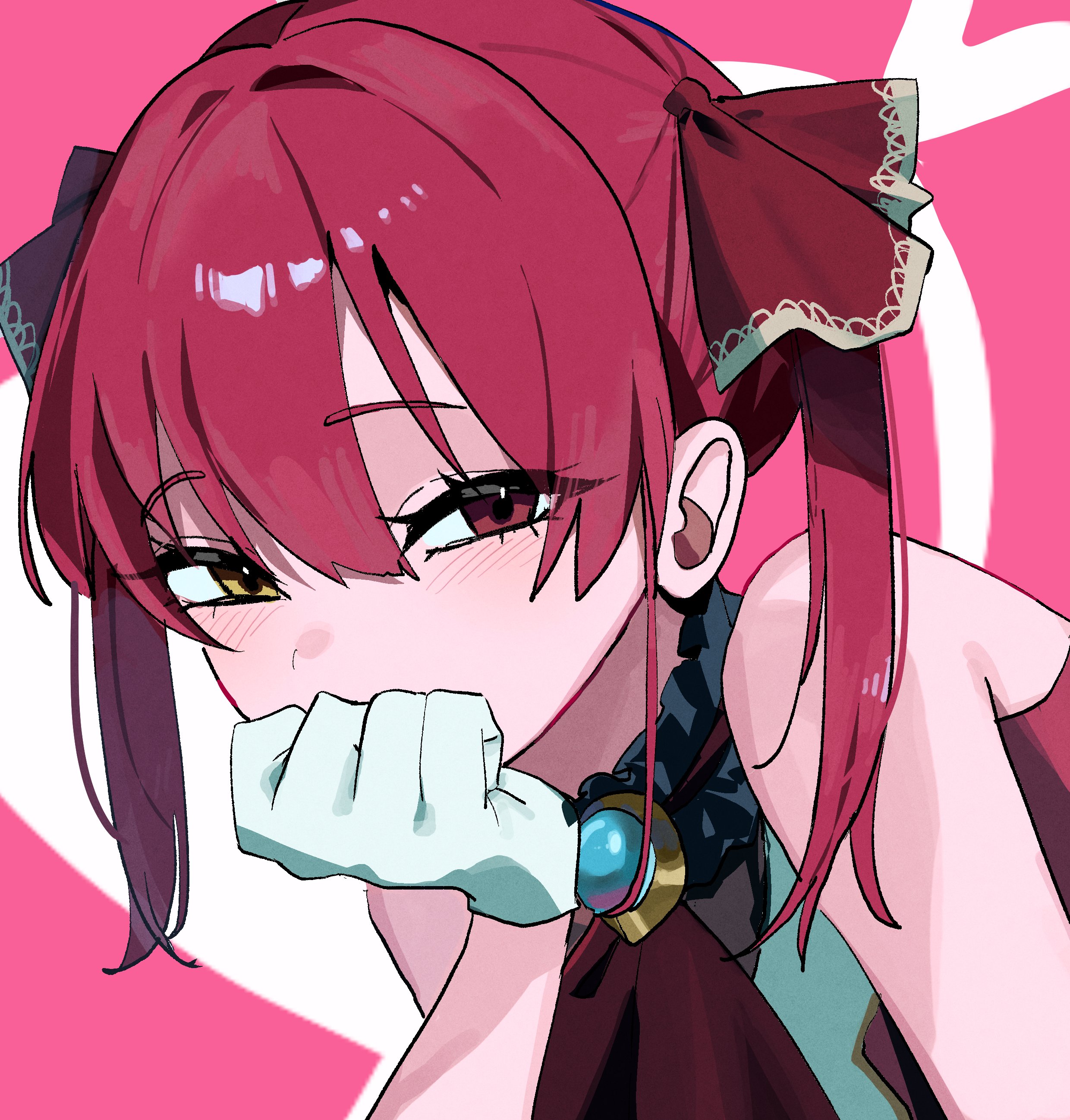 bun (bun 5u), houshou marine, houshou marine (1st costume), hololive, absurdres, commentary, highres, 1girl, ascot, bare shoulders, choker, covering own mouth, frilled choker, frills, gloves, heterochromia, leotard, leotard under clothes, looking at viewer, no eyepatch, pink background, pirate, red ascot, red hair, see-through clothes, see-through leotard, simple background, sleeveless, sleeveless jacket, solo, twintails, virtual youtuber, white gloves, yellow eyes