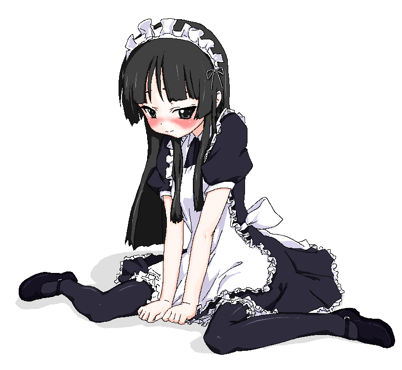 ronsu, akiyama mio, k-on!, 00s, 1girl, alternate costume, apron, black eyes, black hair, blush, enmaided, female focus, full body, maid, maid apron, maid headdress, mary janes, shoes, simple background, solo, thighhighs