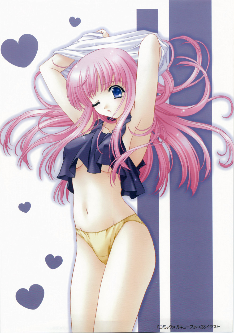 kimizuka aoi, highres, armpits, blue eyes, camisole, covered erect nipples, long hair, megacube, moe (phrase), navel, panties, pink hair, solo, thighhighs, underwear, undressing