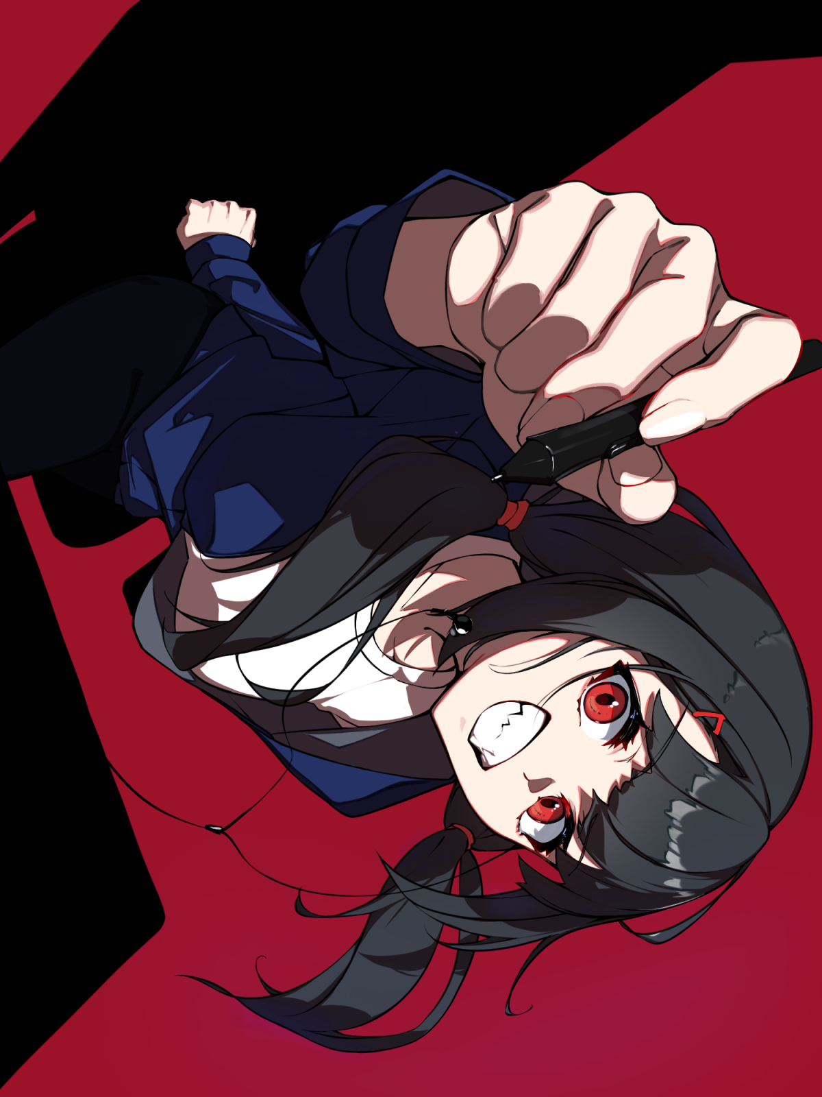 karasuri, original, highres, 1girl, black hair, grin, holding, holding pen, long hair, looking at viewer, pen, red background, red eyes, smile, solo, twintails