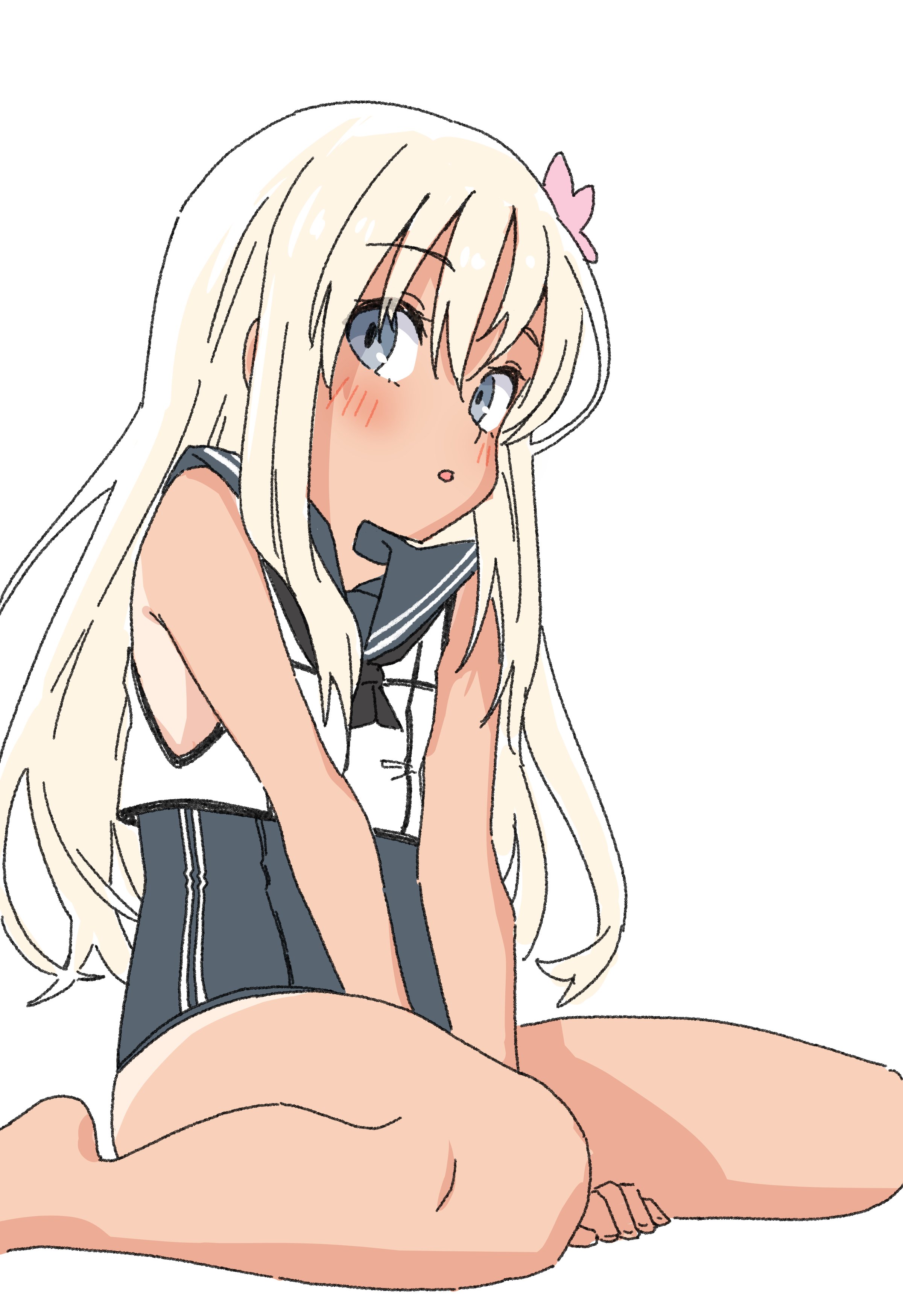 pok (pok 0002), ro-500 (kancolle), kantai collection, absurdres, commentary, highres, 1girl, barefoot, between legs, blonde hair, blue eyes, blue sailor collar, blush, flower, hair flower, hair ornament, hand between legs, long hair, looking at viewer, one-piece swimsuit, parted lips, sailor collar, simple background, sitting, solo, swimsuit, tan, tanline, wariza, white background