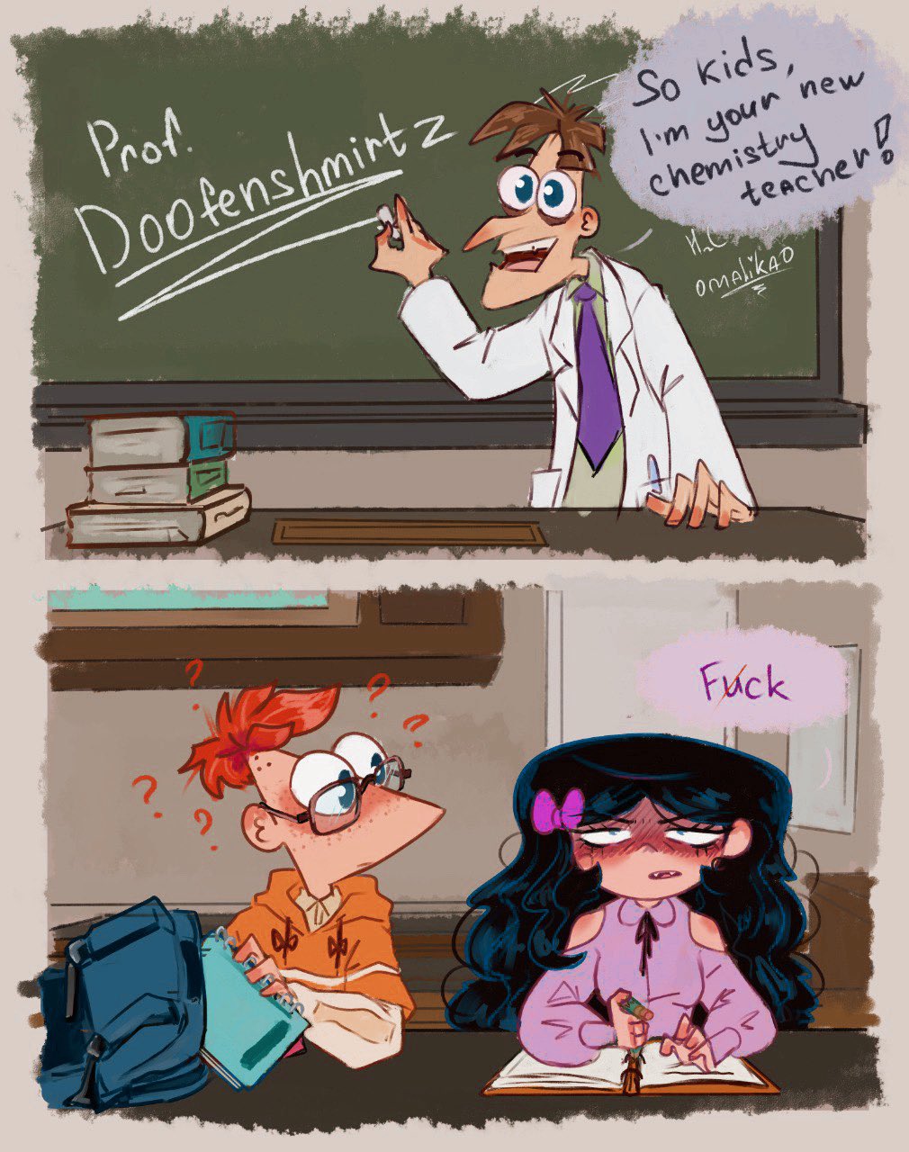 heinz doofenshmirtz, isabella garcia-shapiro, phineas flynn, phineas and ferb, highres, bag, black hair, blue eyes, book, brown hair, chalk, chalkboard, green eyes, lab coat, necktie, omalikaoo, purple necktie, red hair