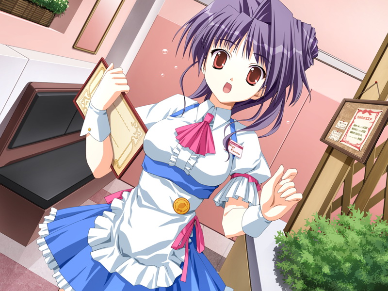 kanno touko, mogi kazuha, doko e iku no ano hi, game cg, non-web source, 1girl, menu board, name tag, open mouth, purple hair, red eyes, ribbon trim, side ponytail, skirt, surprised, waitress