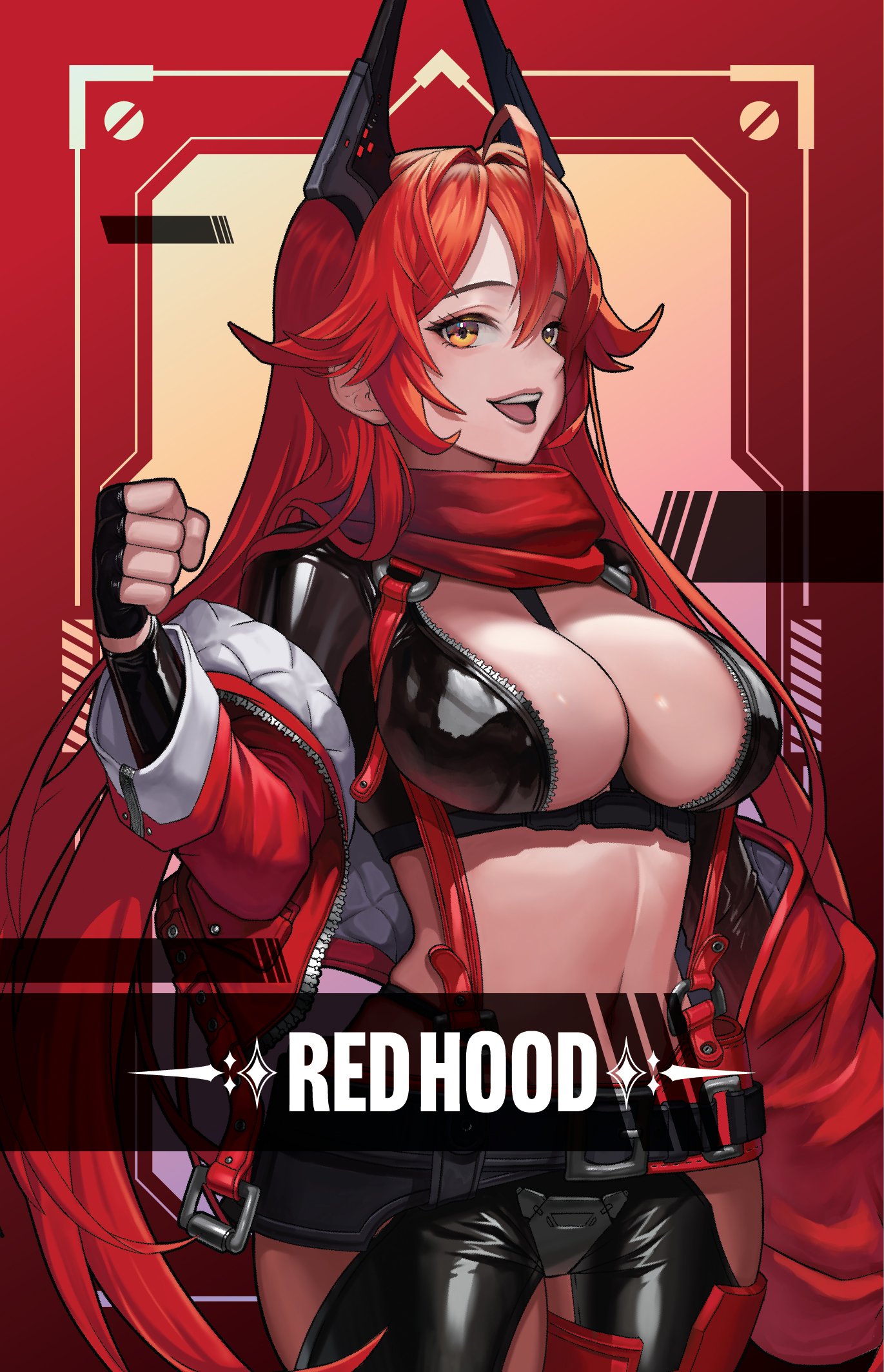 ssal, red hood (nikke), goddess of victory: nikke, commentary, highres, 1girl, :d, antenna hair, between breasts, black gloves, black jacket, black pants, breasts, character name, cleavage, clenched hand, clothing cutout, cowboy shot, cropped jacket, crotch plate, double-parted bangs, fingerless gloves, gloves, hair between eyes, hair flaps, hair intakes, hip vent, horns, jacket, large breasts, leather, leather jacket, leather pants, leg cutout, long hair, long sleeves, looking at viewer, mechanical horns, midriff, navel, off shoulder, open clothes, open jacket, open mouth, pants, red hair, red jacket, red scarf, scarf, sidelocks, smile, solo, standing, strap between breasts, teeth, unzipped, upper teeth only, very long hair, yellow eyes, zipper