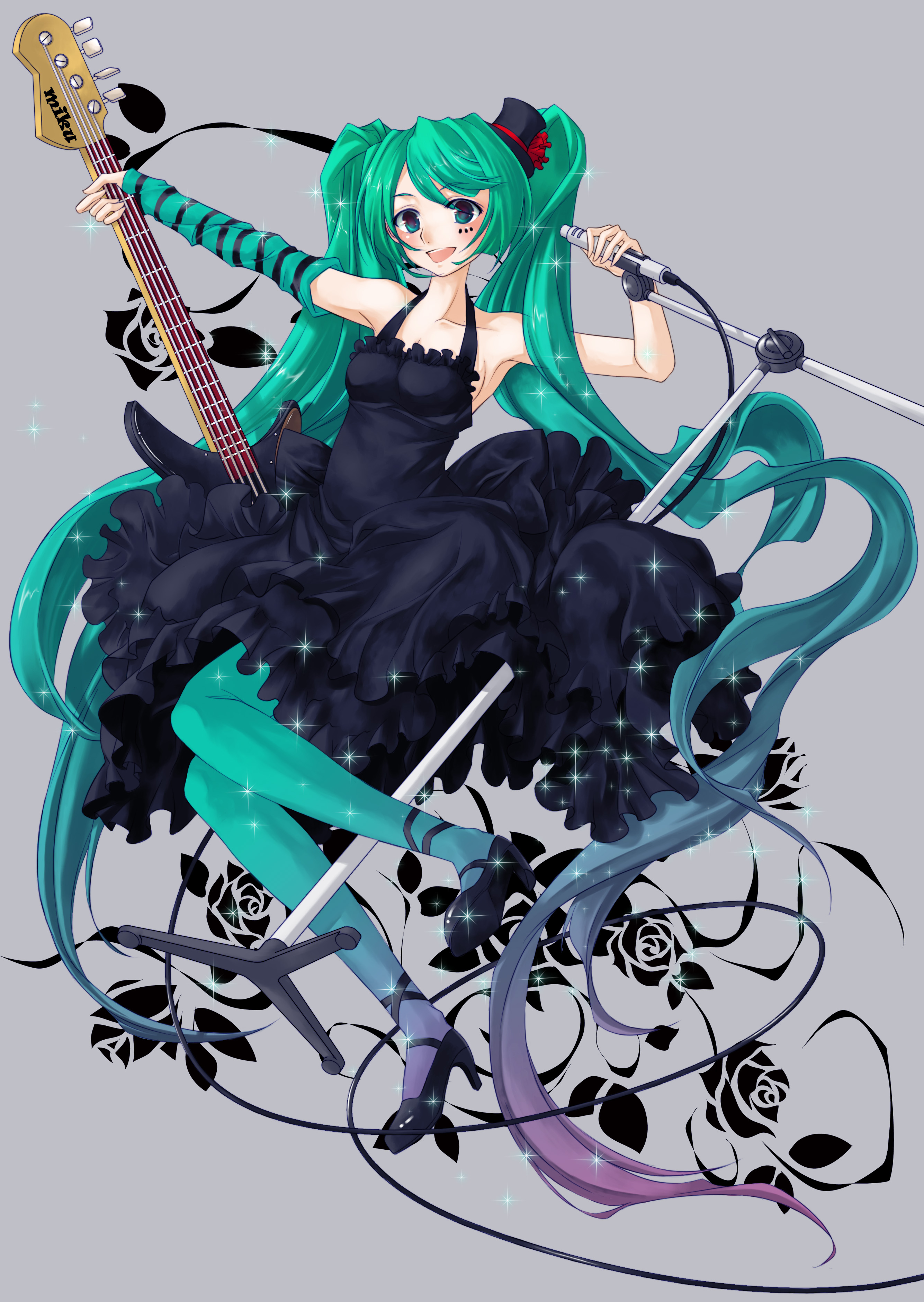 lilithbloody, akiyama mio, hatsune miku, don't say "lazy", k-on!, vocaloid, absurdres, bad id, bad pixiv id, highres, 1girl, akiyama mio (cosplay), bass guitar, blue pantyhose, cosplay, dress, facepaint, female focus, fingerless gloves, gloves, green eyes, green hair, guitar, hat, instrument, long hair, matching hair/eyes, microphone, microphone stand, mini hat, mini top hat, pantyhose, solo, top hat, twintails