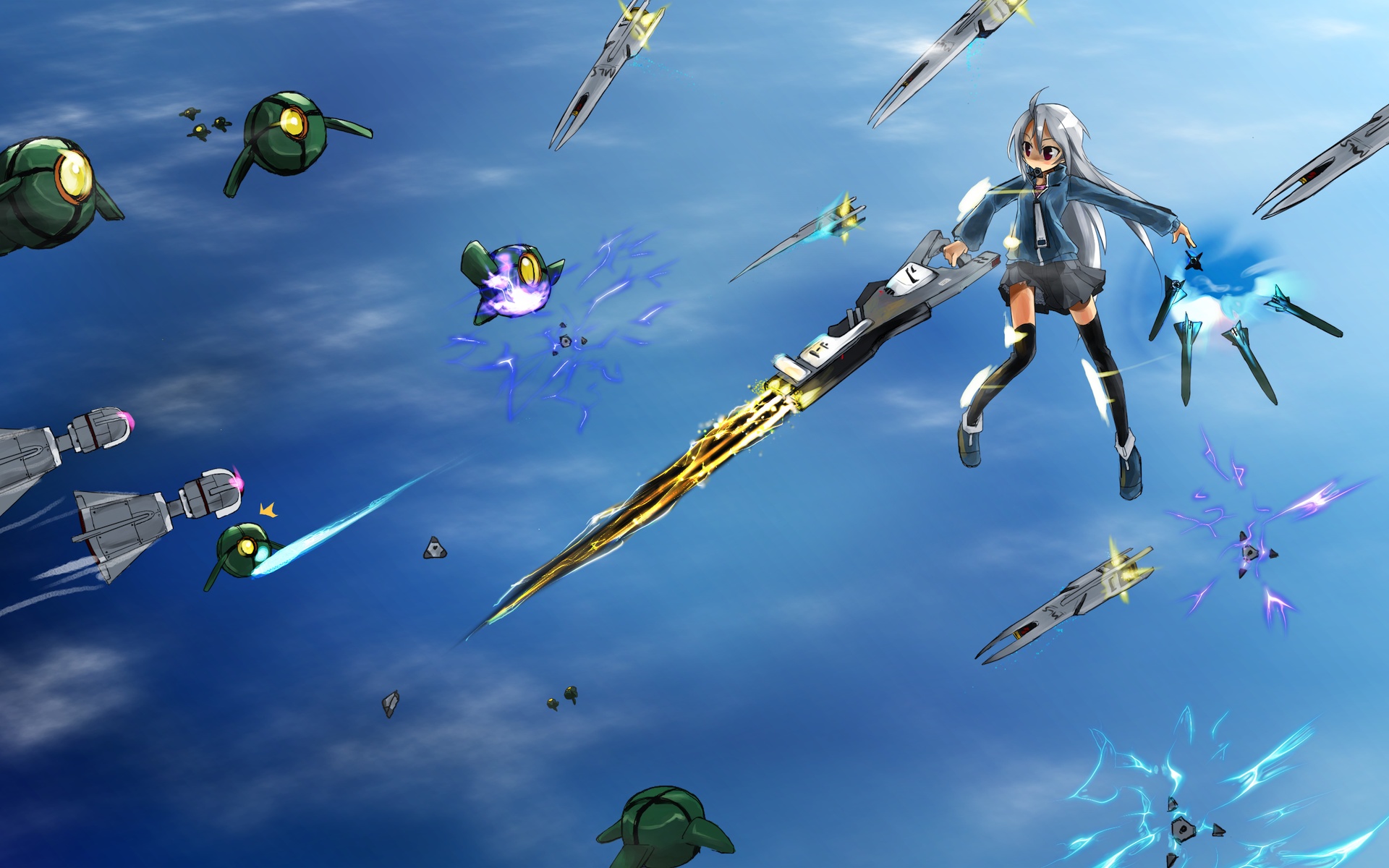 fuka (mizno fuka), suguri (orange juice), 100% orange juice, suguri, highres, 1girl, female focus, gun, solo, thighhighs, weapon, zettai ryouiki