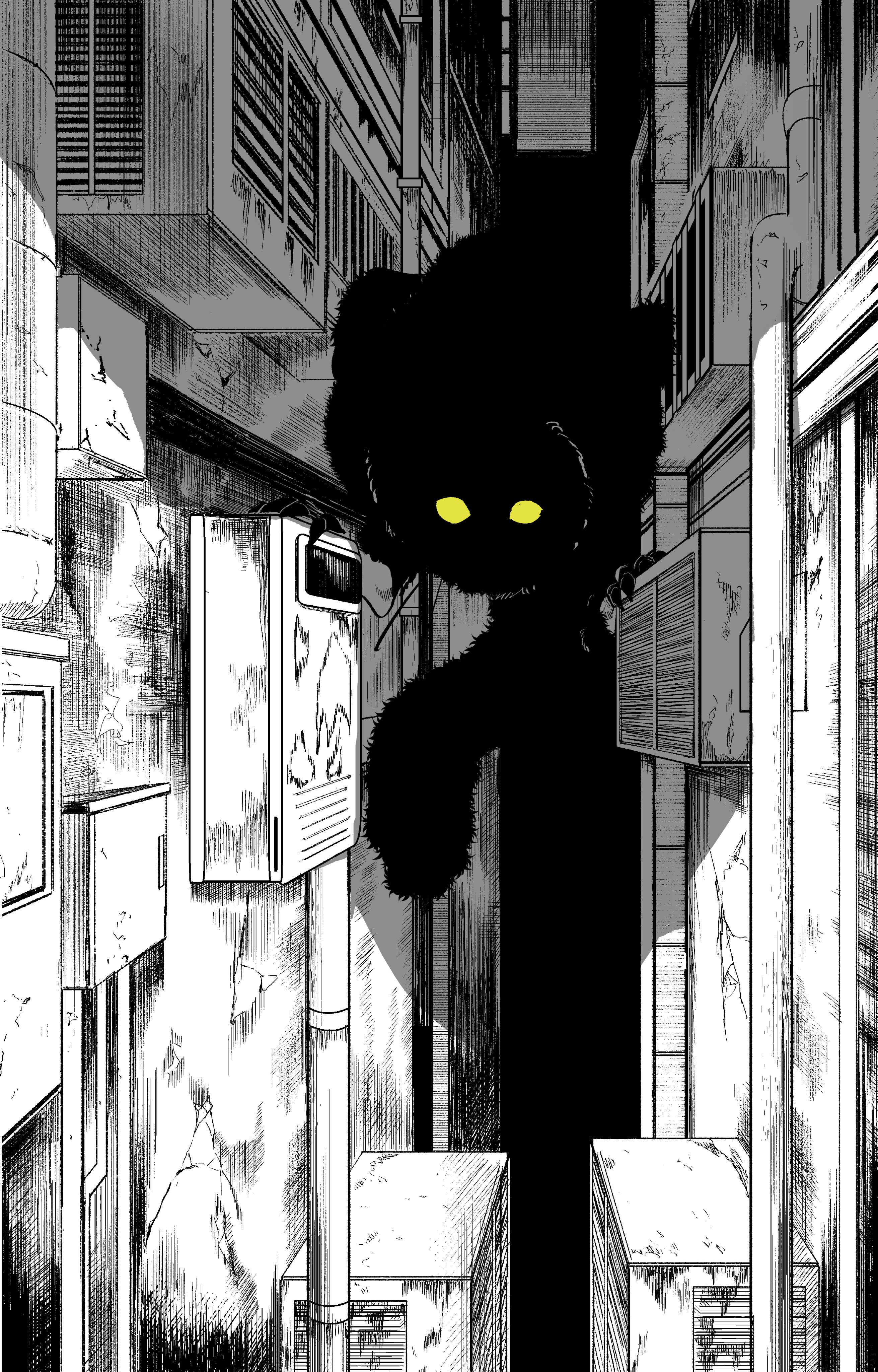 original, absurdres, highres, alley, ano amesuke, crosshatching, greyscale, hatching (texture), monochrome, monster, no humans, spot color, yellow eyes