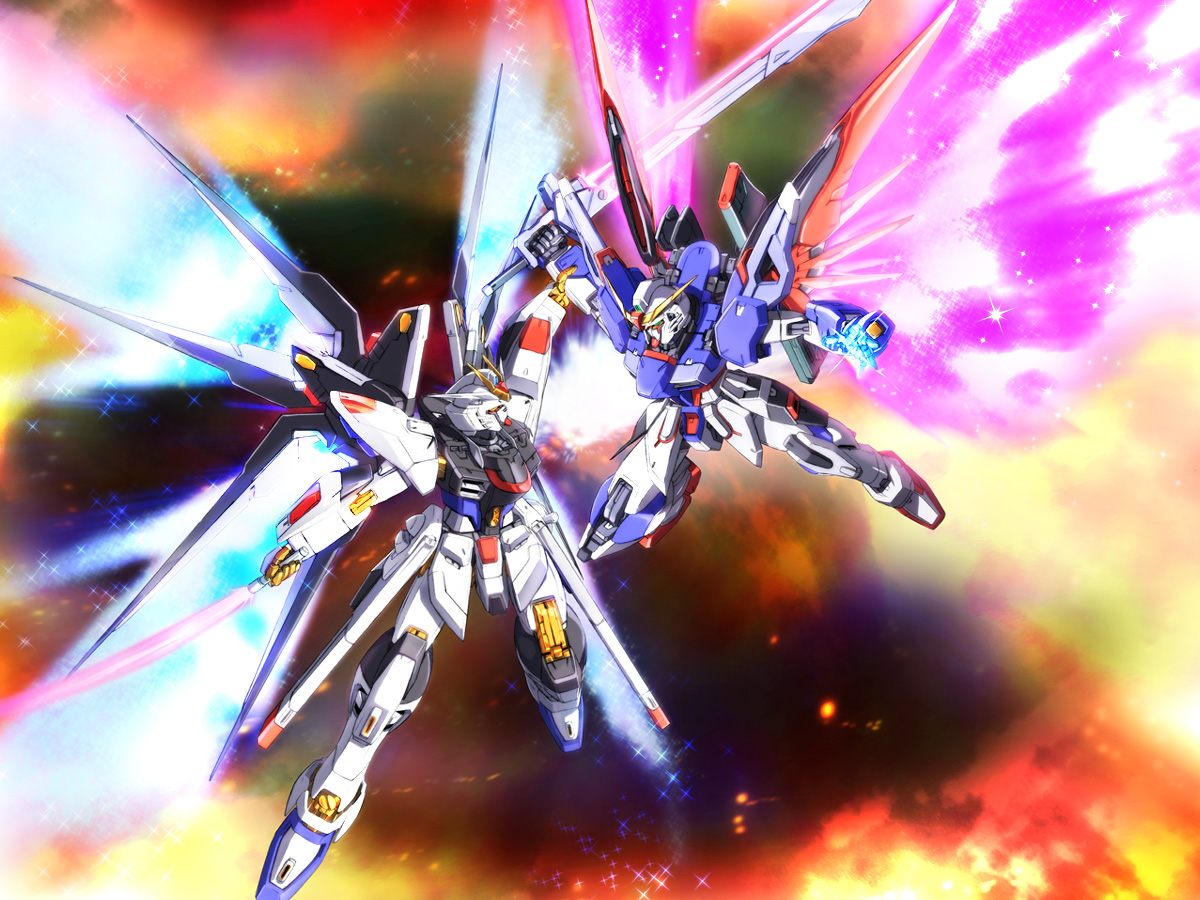 eblmeka, destiny gundam, strike freedom gundam, gundam, gundam seed, gundam seed destiny, bad id, bad pixiv id, 00s, energy sword, mecha, mecha focus, robot, space, sword, weapon