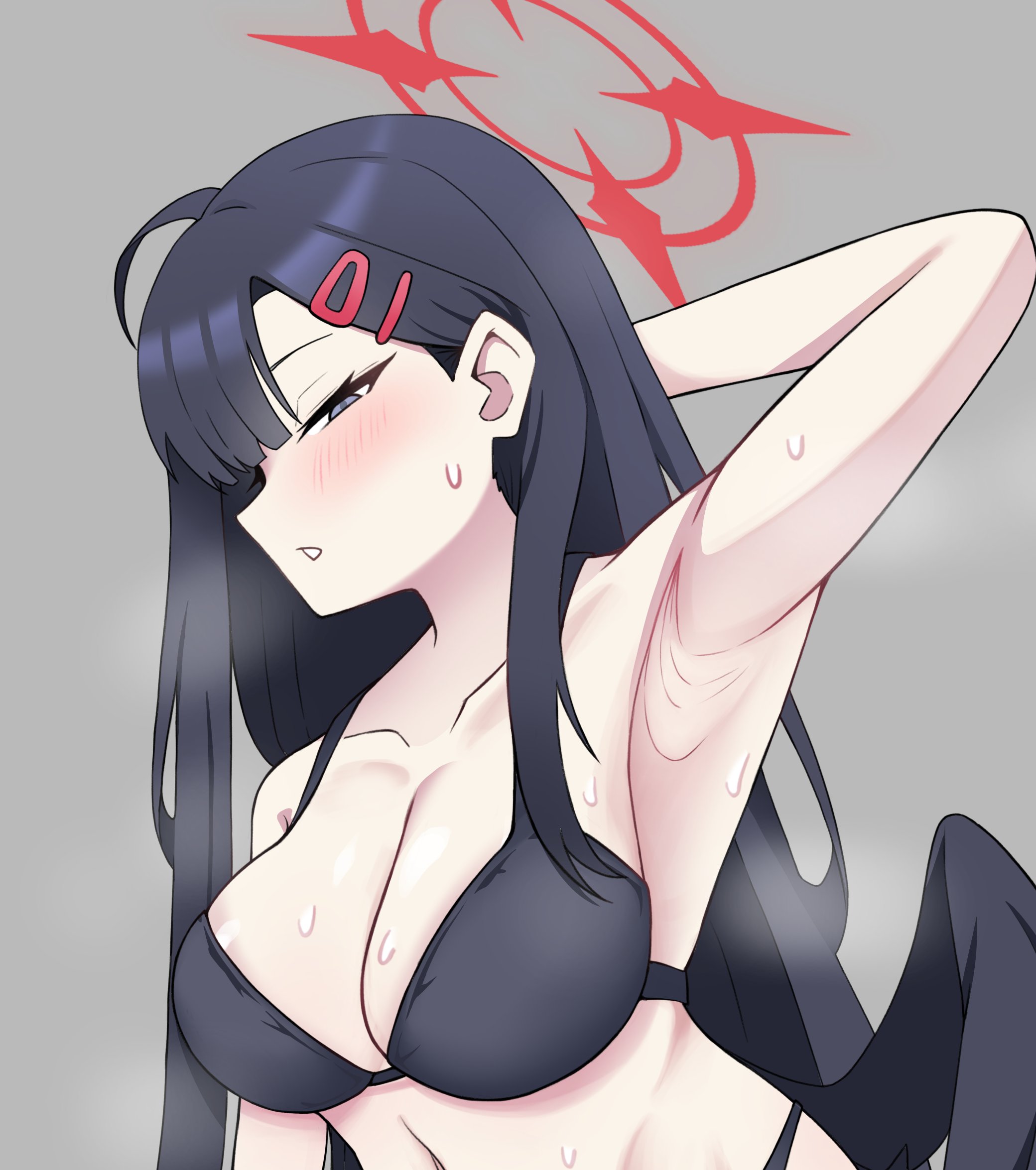 winchesterizy, ichika (blue archive), blue archive, highres, ahoge, arm behind head, armpits, asymmetrical bangs, bikini, black bikini, black hair, blunt bangs, blush, breasts, cleavage, grey eyes, hair ornament, hairclip, halo, large breasts, long hair, looking at viewer, low wings, narrowed eyes, sweat, swimsuit, wings