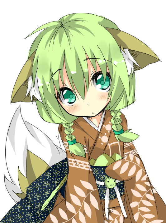 shingetsu takehito, saitou kon, original, 1girl, :o, animal ears, aqua eyes, blush, braid, female focus, fox ears, fox tail, green eyes, green hair, japanese clothes, kimono, matching hair/eyes, solo, tail, twin braids