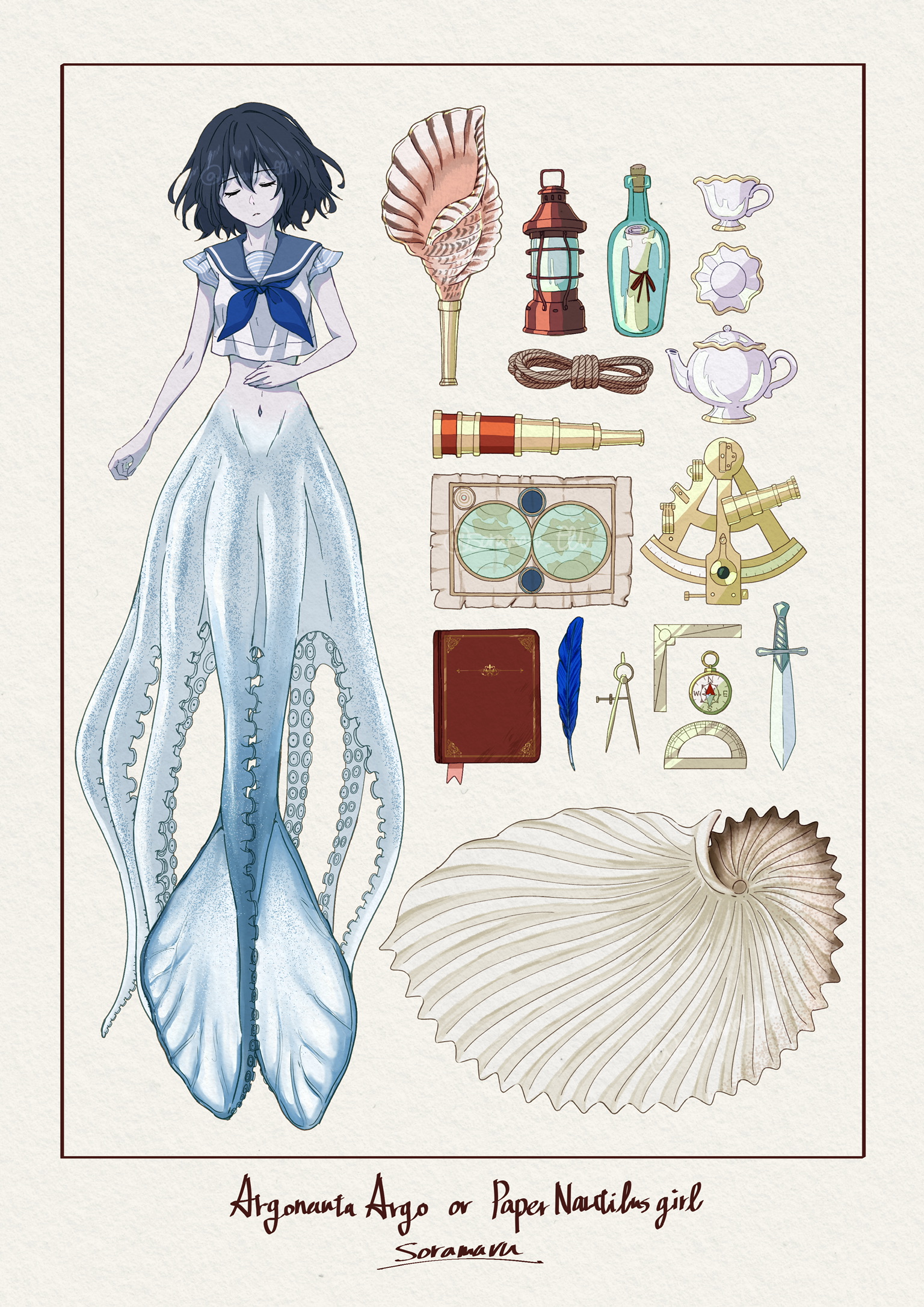 soramaru ell, original, commentary request, highres, 1girl, black hair, blue neckerchief, blue sailor collar, book, bookmark, character name, closed eyes, compass, compass (instrument), conch, cup, dagger, english text, equipment layout, feathers, fins, hand on own stomach, knife, lantern, lying, map, message in a bottle, monster girl, navel, neckerchief, on back, paper texture, pelvis, protractor, rope, sailor collar, sailor shirt, saucer, scientific name, sextant, shell, shirt, short hair, short sleeves, signature, solo, spyglass, teacup, tentacles, twitter username, watermark, weapon