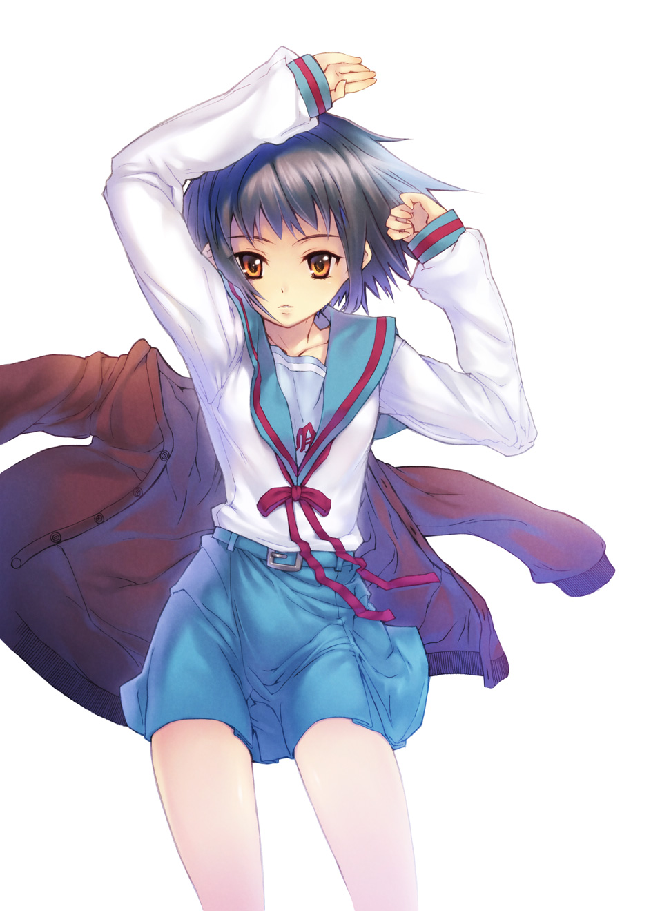 fuzuki yoshihiro, nagato yuki, suzumiya haruhi no yuuutsu, highres, 00s, brown eyes, cardigan, grey hair, school uniform, serafuku, short hair, solo