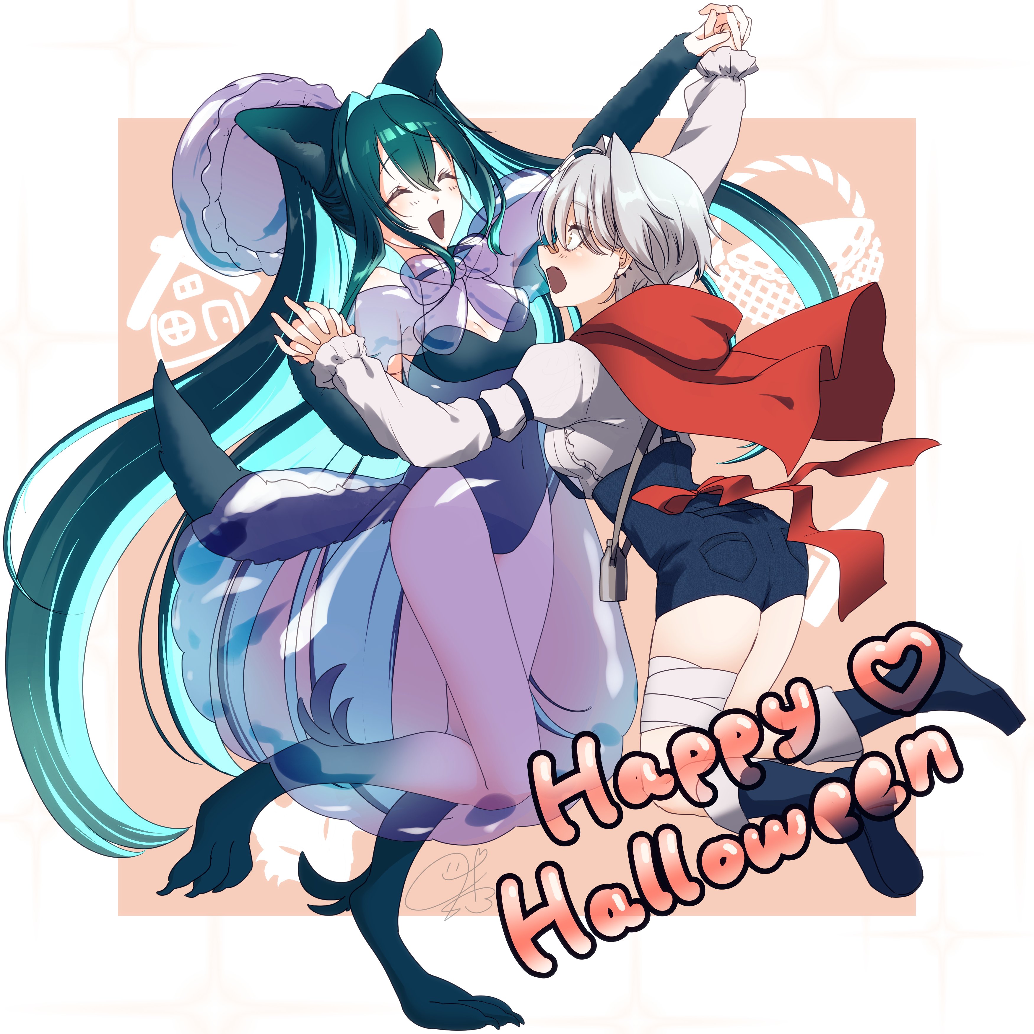 endoua trpg, big bad wolf, little mermaid (nikke), little red riding hood (fairy tale character), mori (nikke), goddess of victory: nikke, little red riding hood (fairy tale), absurdres, highres, 2girls, ahoge, air bubble, animal costume, animal ears, aqua hair, bandaid, bandaid on face, bandaid on nose, basket, big bad wolf (cosplay), black hair, breasts, bubble, capelet, colored inner hair, cosplay, dancing, grey hair, hair intakes, holding hands, hood, hooded capelet, large breasts, little red riding hood (fairy tale character) (cosplay), long hair, multicolored hair, multiple girls, open mouth, red capelet, red hood, see-through clothes, short hair, smile, very long hair, wolf costume, yellow eyes