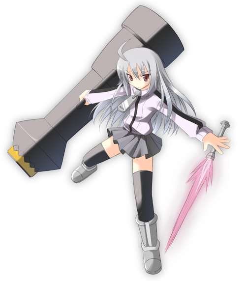 iwa (alpaca oukoku), suguri (orange juice), 100% orange juice, suguri, silver hair, 1girl, beam bazooka, boots, cannon, energy sword, female focus, lightsaber, pink eyes, skirt, solo, sword, thighhighs, weapon, zettai ryouiki