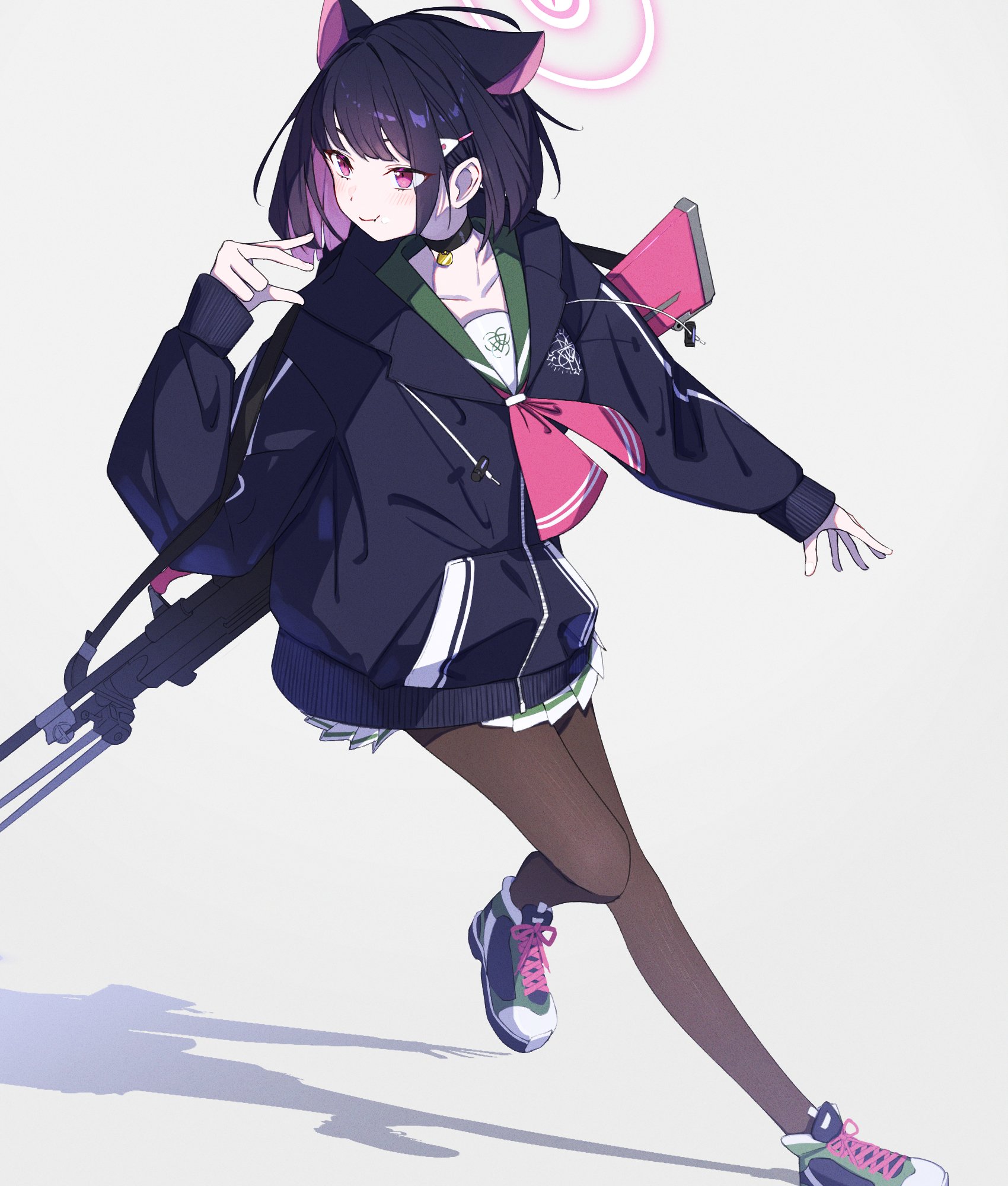 karasuri, kazusa (blue archive), blue archive, highres, 1girl, animal ears, black hair, cat choker, cat ears, cat girl, colored inner hair, dynamic pose, eating, extra ears, halo, looking to the side, multicolored hair, pink hair, pink halo, short hair, solo, two-tone hair, white background