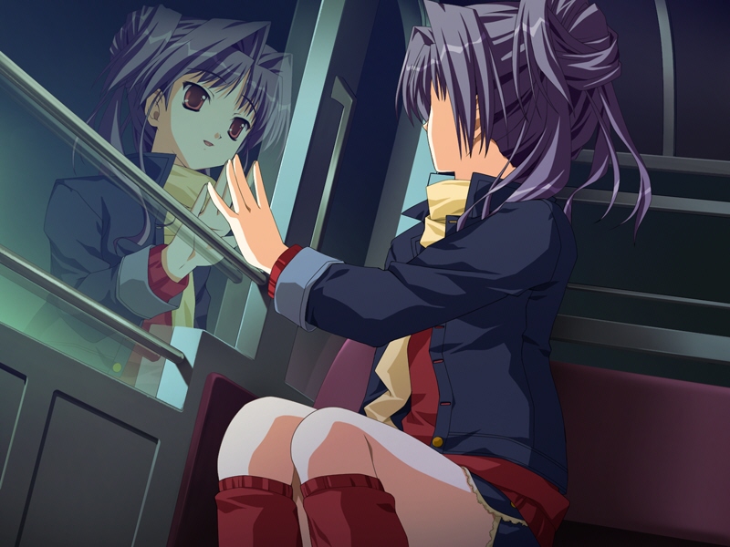 kanno touko, mogi kazuha, doko e iku no ano hi, game cg, non-web source, 1girl, chair, ferris wheel, hand on window, jacket, looking outside, open mouth, purple hair, red eyes, reflection, scarf, side ponytail, socks