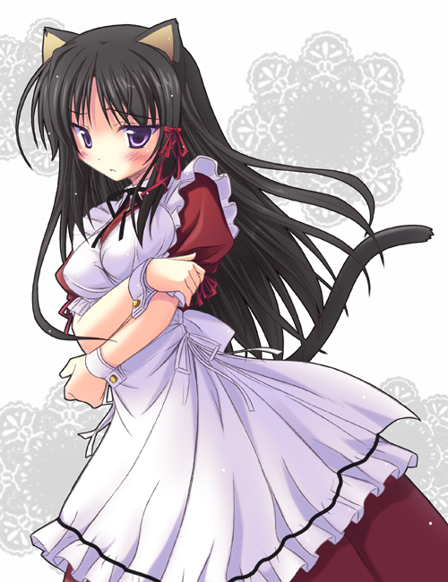 iwa (alpaca oukoku), kuze kiriha, fortune arterial, 1girl, animal ears, black hair, blush, cat ears, cat tail, female focus, long hair, maid, purple eyes, solo, tail, wrist cuffs