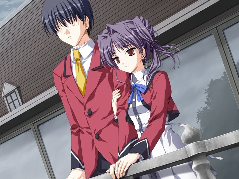kanno touko, mogi kazuha, doko e iku no ano hi, game cg, non-web source, 1boy, 1girl, clenched hand, closed mouth, cloud, cloudy sky, crossed arms, purple hair, red eyes, ribbon, school uniform, side ponytail, skirt, sky