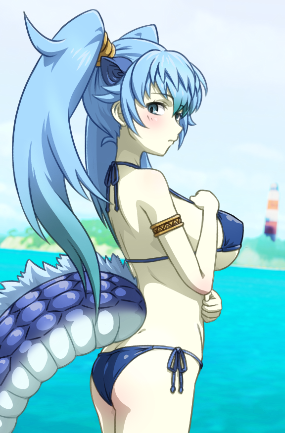 acesrulez, seiryuu (kemono friends), kemono friends, 1girl, animal ears, armlet, beach, bikini, blue bikini, blue eyes, blue hair, blush, breasts, dragon girl, dragon tail, extra ears, jewelry, large breasts, long hair, looking at viewer, looking to the side, multicolored hair, ocean, side-tie bikini bottom, solo, swimsuit, tail, twintails