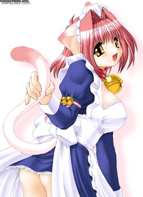 animal ears, bell, cat ears, cat tail, happy, maid, pink hair, short hair, tail, tail grab, thighhighs, turning head, yellow eyes